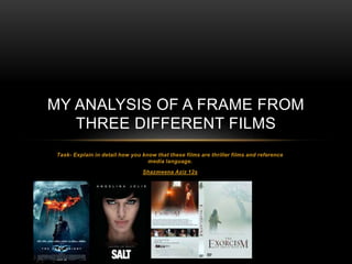 MY ANALYSIS OF A FRAME FROM 
THREE DIFFERENT FILMS 
Task- Explain in detail how you know that these films are thriller films and reference 
media language. 
Shazmeena Aziz 12s 
 