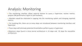 Analysis: Monitoring
 The monitoring interface allows external devices to query a hypervisor, receive metrics,
prepare VM performance report or poll hardware.
 Attackers would be interested in tapping into the monitoring system and changing reported
metrics.
 For resolving this, there are so many steps are introduced between monitoring interface and
hypervisor.
These steps will eliminate potential threat before perform query in hypervisor.
Maximum steps found in micro kernel architecture is 14 steps and 10 steps for monolithic
architecture.
 
