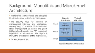 Background: Monolithic and Microkernel
Architecture
 Microkernel architectures are designed
to minimize code in the hypervisor space.
 The security rings “3” consists of
management interface and application,
security ring “1” consists of virtualization
stack, management OS kernel and guest
OS kernel and security ring “0” consists of
hypervisor in microkernel. The figure 1
shows the architecture of the microkernel.
 Ex: Xen, Hyper-V etc.
Figure 1: Microkernel Architecture
 