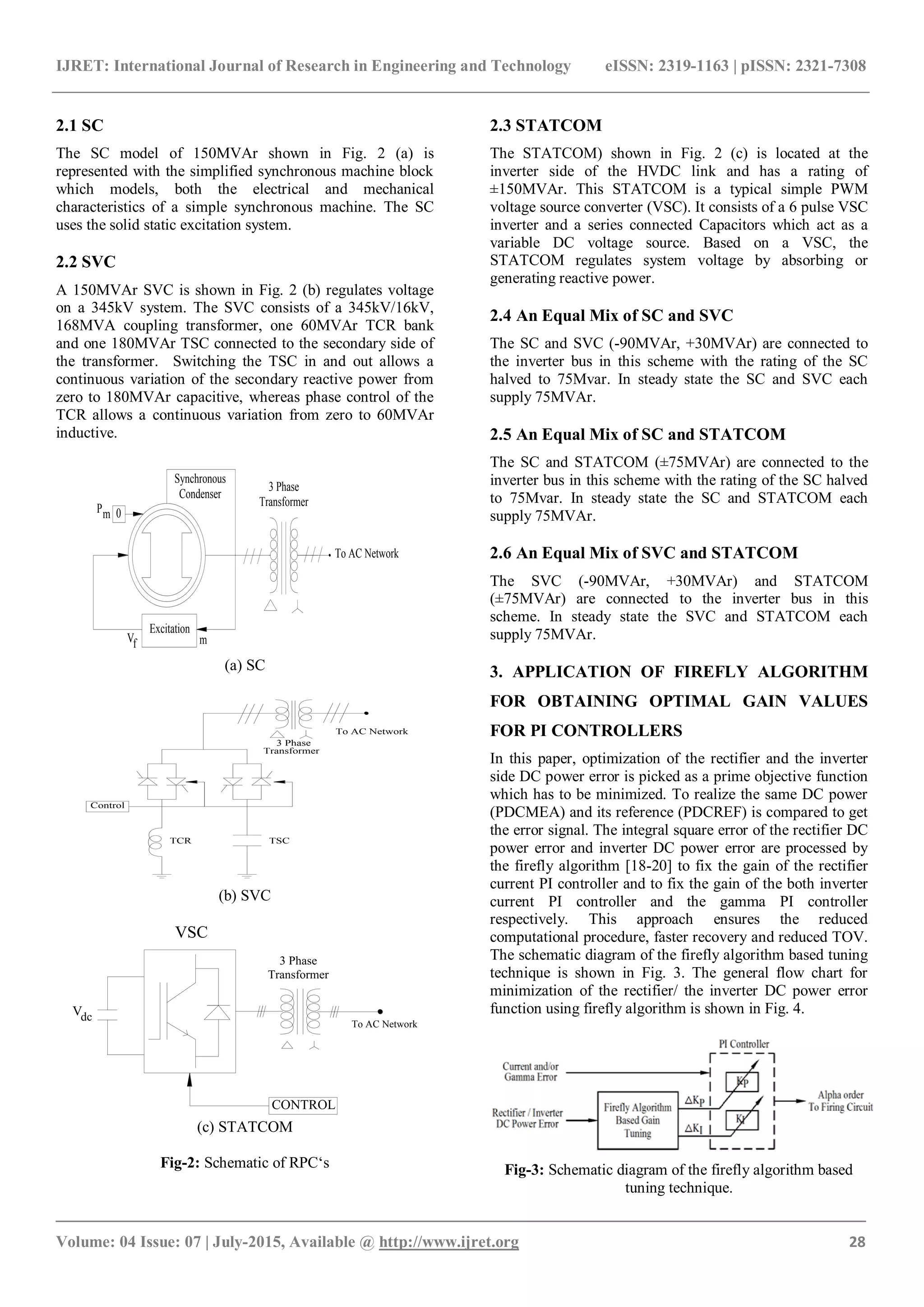 IJRET: International Journal of Research in Engineering and Technology eISSN: 2319-1163 | pISSN: 2321-7308
_______________________________________________________________________________________
Volume: 04 Issue: 07 | July-2015, Available @ http://www.ijret.org 28
2.1 SC
The SC model of 150MVAr shown in Fig. 2 (a) is
represented with the simplified synchronous machine block
which models, both the electrical and mechanical
characteristics of a simple synchronous machine. The SC
uses the solid static excitation system.
2.2 SVC
A 150MVAr SVC is shown in Fig. 2 (b) regulates voltage
on a 345kV system. The SVC consists of a 345kV/16kV,
168MVA coupling transformer, one 60MVAr TCR bank
and one 180MVAr TSC connected to the secondary side of
the transformer. Switching the TSC in and out allows a
continuous variation of the secondary reactive power from
zero to 180MVAr capacitive, whereas phase control of the
TCR allows a continuous variation from zero to 60MVAr
inductive.
Vf m
Excitation
To AC Network
0Pm
3 Phase
Transformer
Synchronous
Condenser
(a) SC
To AC Network
3 Phase
Transformer
Control
TCR TSC
(b) SVC
To AC Network
CONTROL
Vdc
VSC
3 Phase
Transformer
(c) STATCOM
Fig-2: Schematic of RPC„s
2.3 STATCOM
The STATCOM) shown in Fig. 2 (c) is located at the
inverter side of the HVDC link and has a rating of
±150MVAr. This STATCOM is a typical simple PWM
voltage source converter (VSC). It consists of a 6 pulse VSC
inverter and a series connected Capacitors which act as a
variable DC voltage source. Based on a VSC, the
STATCOM regulates system voltage by absorbing or
generating reactive power.
2.4 An Equal Mix of SC and SVC
The SC and SVC (-90MVAr, +30MVAr) are connected to
the inverter bus in this scheme with the rating of the SC
halved to 75Mvar. In steady state the SC and SVC each
supply 75MVAr.
2.5 An Equal Mix of SC and STATCOM
The SC and STATCOM (±75MVAr) are connected to the
inverter bus in this scheme with the rating of the SC halved
to 75Mvar. In steady state the SC and STATCOM each
supply 75MVAr.
2.6 An Equal Mix of SVC and STATCOM
The SVC (-90MVAr, +30MVAr) and STATCOM
(±75MVAr) are connected to the inverter bus in this
scheme. In steady state the SVC and STATCOM each
supply 75MVAr.
3. APPLICATION OF FIREFLY ALGORITHM
FOR OBTAINING OPTIMAL GAIN VALUES
FOR PI CONTROLLERS
In this paper, optimization of the rectifier and the inverter
side DC power error is picked as a prime objective function
which has to be minimized. To realize the same DC power
(PDCMEA) and its reference (PDCREF) is compared to get
the error signal. The integral square error of the rectifier DC
power error and inverter DC power error are processed by
the firefly algorithm [18-20] to fix the gain of the rectifier
current PI controller and to fix the gain of the both inverter
current PI controller and the gamma PI controller
respectively. This approach ensures the reduced
computational procedure, faster recovery and reduced TOV.
The schematic diagram of the firefly algorithm based tuning
technique is shown in Fig. 3. The general flow chart for
minimization of the rectifier/ the inverter DC power error
function using firefly algorithm is shown in Fig. 4.
Fig-3: Schematic diagram of the firefly algorithm based
tuning technique.
 