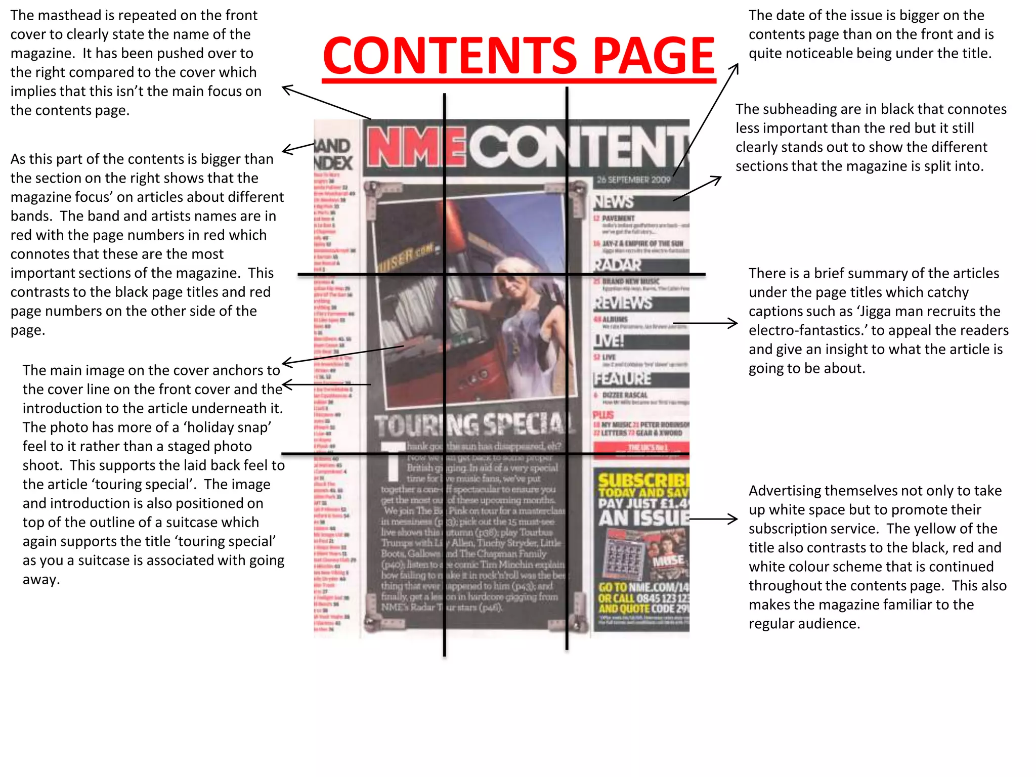 The masthead is repeated on the front                          The date of the issue is bigger on the
cover to clearly state the name of the                         contents page than on the front and is
magazine. It has been pushed over to
the right compared to the cover which
implies that this isn’t the main focus on
                                              CONTENTS PAGE    quite noticeable being under the title.


the contents page.                                            The subheading are in black that connotes
                                                              less important than the red but it still
                                                              clearly stands out to show the different
As this part of the contents is bigger than                   sections that the magazine is split into.
the section on the right shows that the
magazine focus’ on articles about different
bands. The band and artists names are in
red with the page numbers in red which
connotes that these are the most
important sections of the magazine. This                       There is a brief summary of the articles
contrasts to the black page titles and red                     under the page titles which catchy
page numbers on the other side of the                          captions such as ‘Jigga man recruits the
page.                                                          electro-fantastics.’ to appeal the readers
                                                               and give an insight to what the article is
 The main image on the cover anchors to                        going to be about.
 the cover line on the front cover and the
 introduction to the article underneath it.
 The photo has more of a ‘holiday snap’
 feel to it rather than a staged photo
 shoot. This supports the laid back feel to
 the article ‘touring special’. The image                      Advertising themselves not only to take
 and introduction is also positioned on                        up white space but to promote their
 top of the outline of a suitcase which                        subscription service. The yellow of the
 again supports the title ‘touring special’                    title also contrasts to the black, red and
 as you a suitcase is associated with going                    white colour scheme that is continued
 away.                                                         throughout the contents page. This also
                                                               makes the magazine familiar to the
                                                               regular audience.
 