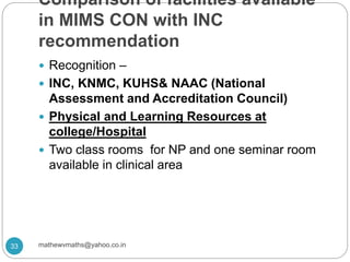 Comparison of facilities available
in MIMS CON with INC
recommendation
 Recognition –
 INC, KNMC, KUHS& NAAC (National
Assessment and Accreditation Council)
 Physical and Learning Resources at
college/Hospital
 Two class rooms for NP and one seminar room
available in clinical area
33 mathewvmaths@yahoo.co.in
 