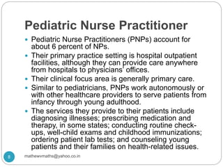 Pediatric Nurse Practitioner
 Pediatric Nurse Practitioners (PNPs) account for
about 6 percent of NPs.
 Their primary practice setting is hospital outpatient
facilities, although they can provide care anywhere
from hospitals to physicians’ offices.
 Their clinical focus area is generally primary care.
 Similar to pediatricians, PNPs work autonomously or
with other healthcare providers to serve patients from
infancy through young adulthood.
 The services they provide to their patients include
diagnosing illnesses; prescribing medication and
therapy, in some states; conducting routine check-
ups, well-child exams and childhood immunizations;
ordering patient lab tests; and counseling young
patients and their families on health-related issues.
8 mathewvmaths@yahoo.co.in
 