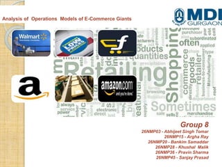 Analysis of Operations Models of E-Commerce Giants

Group 8
26NMP03 - Abhijeet Singh Tomar
26NMP15 - Argha Ray
26NMP20 - Bankim Samaddar
26NMP28 - Khushal Malik
26NMP36 - Pravin Sharma
26NMP45 - Sanjay Prasad

 