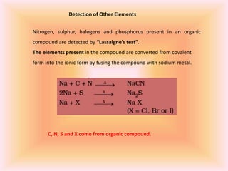 Detection of Other Elements
Nitrogen, sulphur, halogens and phosphorus present in an organic
compound are detected by “Lassaigne’s test”.
The elements present in the compound are converted from covalent
form into the ionic form by fusing the compound with sodium metal.
C, N, S and X come from organic compound.
 