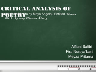 CRITICAL ANALYSIS OF
POETRYMarxism Theory Entitled “Woman
 Analysis of Poem by Maya Angelou
  Work” by using




                                   Alfiani Safitri
                               Fira Nursya’bani
                                Meyza Pritama
 