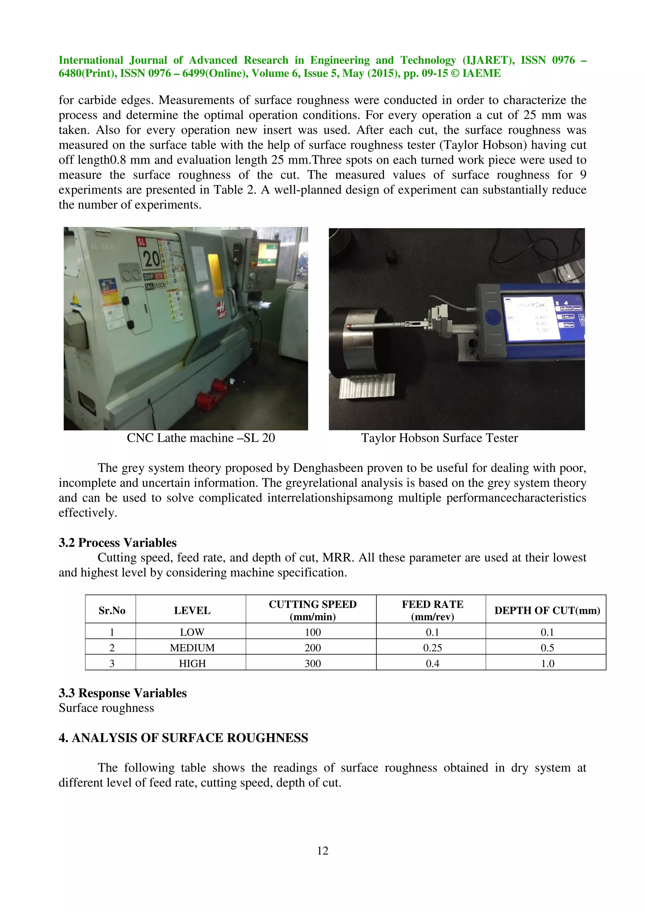 International Journal of Advanced Research in Engineering and Technology (IJARET), ISSN 0976 –
6480(Print), ISSN 0976 – 6499(Online), Volume 6, Issue 5, May (2015), pp. 09-15 © IAEME
12
for carbide edges. Measurements of surface roughness were conducted in order to characterize the
process and determine the optimal operation conditions. For every operation a cut of 25 mm was
taken. Also for every operation new insert was used. After each cut, the surface roughness was
measured on the surface table with the help of surface roughness tester (Taylor Hobson) having cut
off length0.8 mm and evaluation length 25 mm.Three spots on each turned work piece were used to
measure the surface roughness of the cut. The measured values of surface roughness for 9
experiments are presented in Table 2. A well-planned design of experiment can substantially reduce
the number of experiments.
CNC Lathe machine –SL 20 Taylor Hobson Surface Tester
The grey system theory proposed by Denghasbeen proven to be useful for dealing with poor,
incomplete and uncertain information. The greyrelational analysis is based on the grey system theory
and can be used to solve complicated interrelationshipsamong multiple performancecharacteristics
effectively.
3.2 Process Variables
Cutting speed, feed rate, and depth of cut, MRR. All these parameter are used at their lowest
and highest level by considering machine specification.
Sr.No LEVEL
CUTTING SPEED
(mm/min)
FEED RATE
(mm/rev)
DEPTH OF CUT(mm)
1 LOW 100 0.1 0.1
2 MEDIUM 200 0.25 0.5
3 HIGH 300 0.4 1.0
3.3 Response Variables
Surface roughness
4. ANALYSIS OF SURFACE ROUGHNESS
The following table shows the readings of surface roughness obtained in dry system at
different level of feed rate, cutting speed, depth of cut.
 