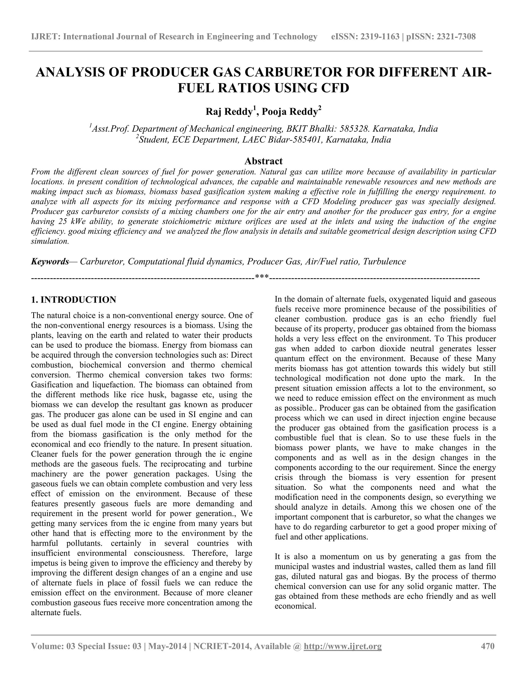 Analysis of producer gas carburetor for different air fuel ratios using