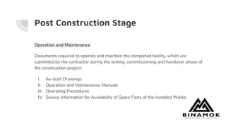 Post Construction Stage
Operation and Maintenance
Documents required to operate and maintain the completed facility, which are
submitted by the contractor during the testing, commissioning and handover phase of
the construction project:
I. As-built Drawings
II. Operation and Maintenance Manuals
III. Operating Procedures
IV. Source Information for Availability of Spare Parts of the Installed Works
 