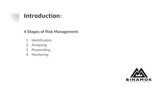 Introduction:
4 Stages of Risk Management:
1. Identification
2. Analysing
3. Responding
4. Monitoring
 