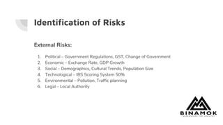Identification of Risks
External Risks:
1. Political – Government Regulations, GST, Change of Government
2. Economic – Exchange Rate, GDP Growth
3. Social – Demographics, Cultural Trends, Population Size
4. Technological – IBS Scoring System 50%
5. Environmental – Pollution, Traffic planning
6. Legal – Local Authority
 