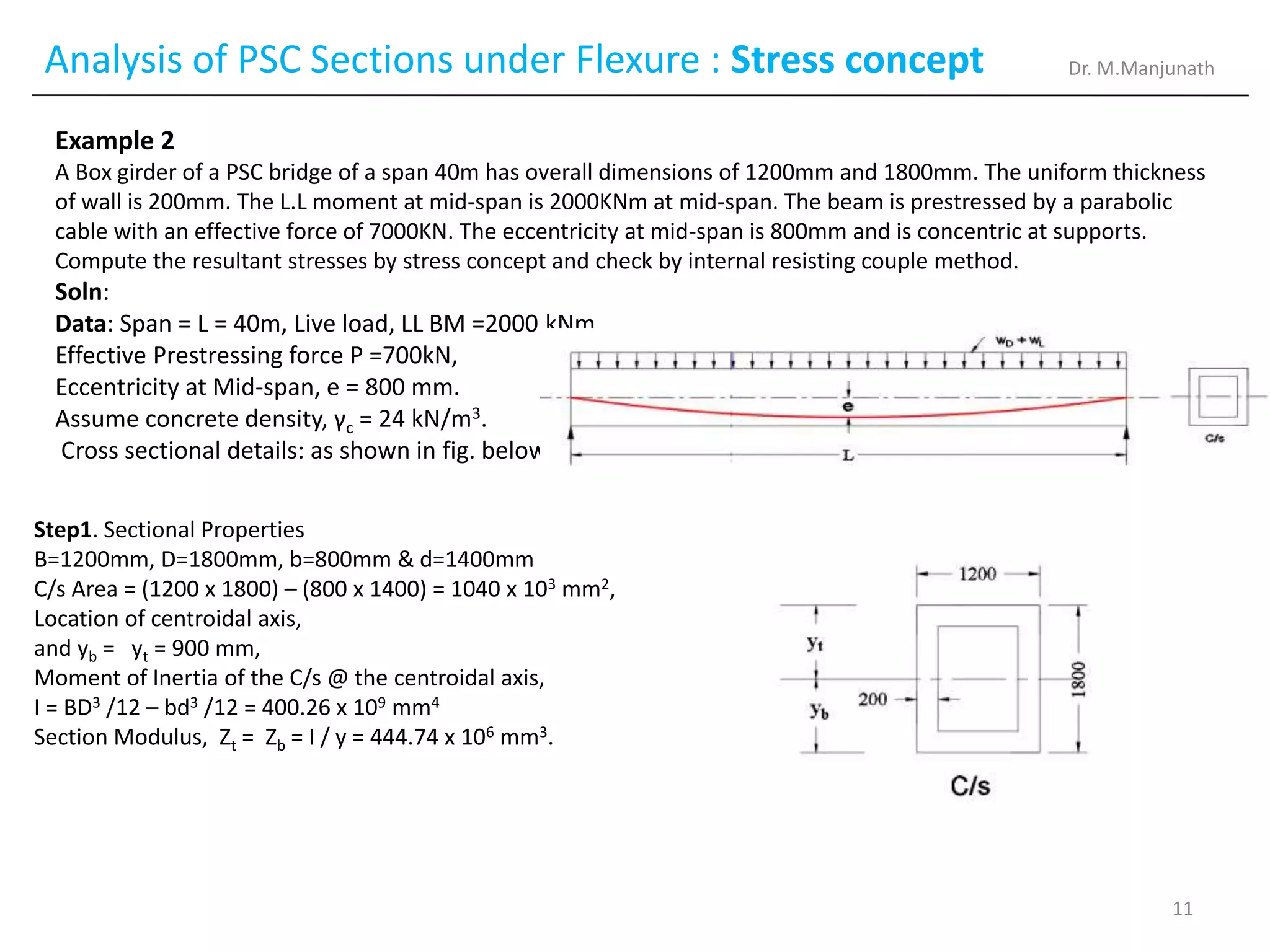 Analysis of PSC Sections under Flexure : Stress concept
Example 2
A Box girder of a PSC bridge of a span 40m has overall dimensions of 1200mm and 1800mm. The uniform thickness
of wall is 200mm. The L.L moment at mid-span is 2000KNm at mid-span. The beam is prestressed by a parabolic
cable with an effective force of 7000KN. The eccentricity at mid-span is 800mm and is concentric at supports.
Compute the resultant stresses by stress concept and check by internal resisting couple method.
Soln:
Data: Span = L = 40m, Live load, LL BM =2000 kNm,
Effective Prestressing force P =700kN,
Eccentricity at Mid-span, e = 800 mm.
Assume concrete density, γc = 24 kN/m3.
Cross sectional details: as shown in fig. below.
Step1. Sectional Properties
B=1200mm, D=1800mm, b=800mm & d=1400mm
C/s Area = (1200 x 1800) – (800 x 1400) = 1040 x 103 mm2,
Location of centroidal axis,
and yb = yt = 900 mm,
Moment of Inertia of the C/s @ the centroidal axis,
I = BD3 /12 – bd3 /12 = 400.26 x 109 mm4
Section Modulus, Zt = Zb = I / y = 444.74 x 106 mm3.
Dr. M.Manjunath
11
 