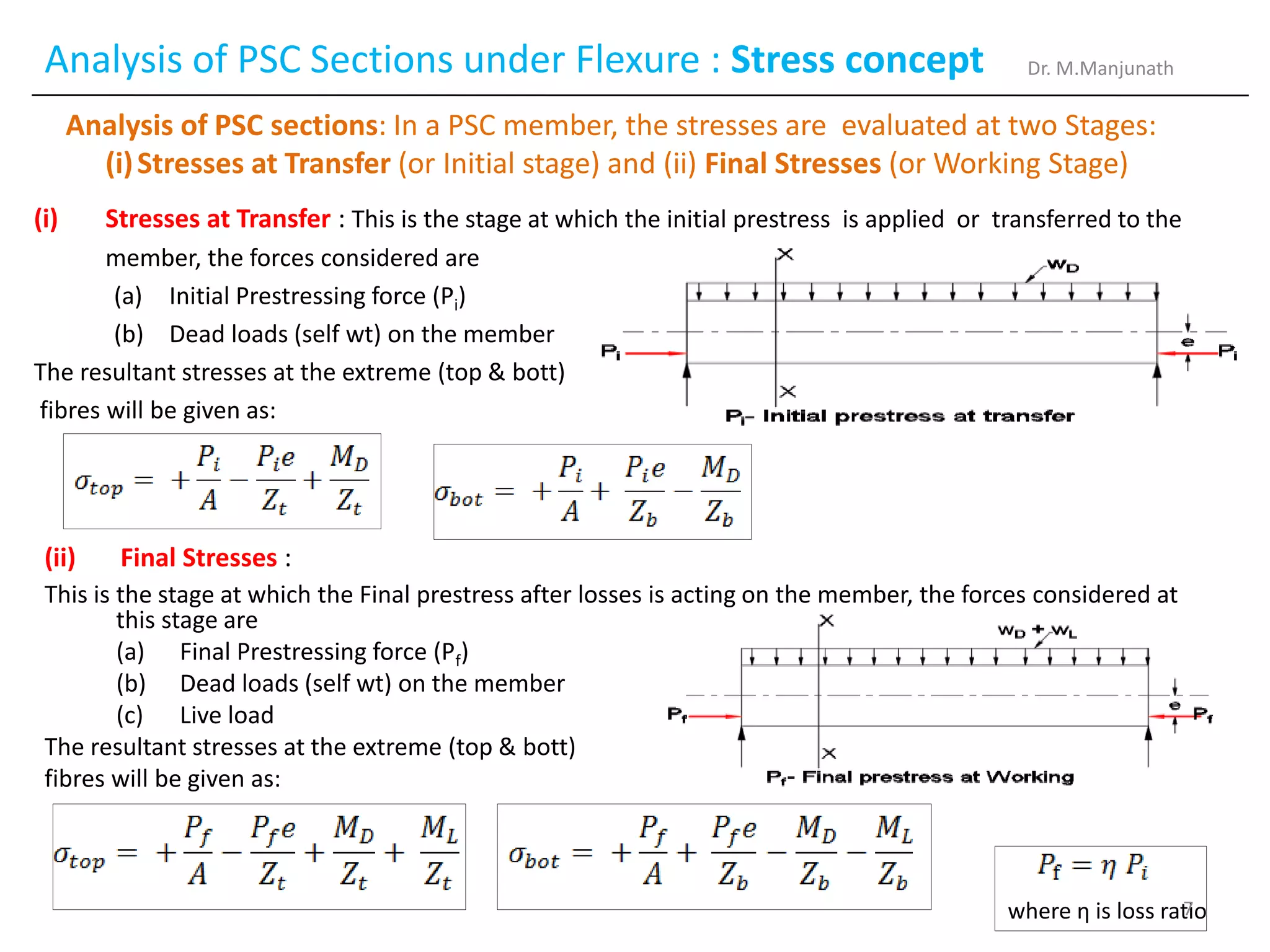 Analysis of PSC Sections under Flexure : Stress concept
(ii) Final Stresses :
This is the stage at which the Final prestress after losses is acting on the member, the forces considered at
this stage are
(a) Final Prestressing force (Pf)
(b) Dead loads (self wt) on the member
(c) Live load
The resultant stresses at the extreme (top & bott)
fibres will be given as:
(i) Stresses at Transfer : This is the stage at which the initial prestress is applied or transferred to the
member, the forces considered are
(a) Initial Prestressing force (Pi)
(b) Dead loads (self wt) on the member
The resultant stresses at the extreme (top & bott)
fibres will be given as:
where η is loss ratio
Dr. M.Manjunath
Analysis of PSC sections: In a PSC member, the stresses are evaluated at two Stages:
(i)Stresses at Transfer (or Initial stage) and (ii) Final Stresses (or Working Stage)
7
 