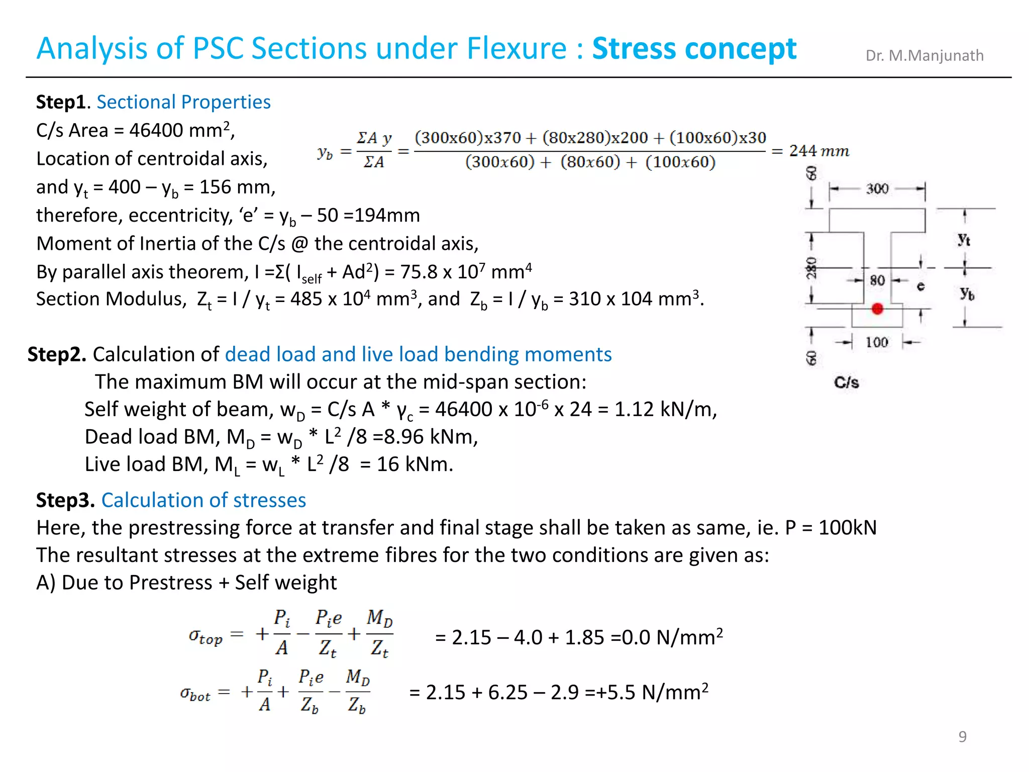 Analysis of PSC Sections under Flexure : Stress concept
Step1. Sectional Properties
C/s Area = 46400 mm2,
Location of centroidal axis,
and yt = 400 – yb = 156 mm,
therefore, eccentricity, ‘e’ = yb – 50 =194mm
Moment of Inertia of the C/s @ the centroidal axis,
By parallel axis theorem, I =Σ( Iself + Ad2) = 75.8 x 107 mm4
Section Modulus, Zt = I / yt = 485 x 104 mm3, and Zb = I / yb = 310 x 104 mm3.
Step2. Calculation of dead load and live load bending moments
The maximum BM will occur at the mid-span section:
Self weight of beam, wD = C/s A * γc = 46400 x 10-6 x 24 = 1.12 kN/m,
Dead load BM, MD = wD * L2 /8 =8.96 kNm,
Live load BM, ML = wL * L2 /8 = 16 kNm.
Step3. Calculation of stresses
Here, the prestressing force at transfer and final stage shall be taken as same, ie. P = 100kN
The resultant stresses at the extreme fibres for the two conditions are given as:
A) Due to Prestress + Self weight
= 2.15 – 4.0 + 1.85 =0.0 N/mm2
= 2.15 + 6.25 – 2.9 =+5.5 N/mm2
Dr. M.Manjunath
9
 