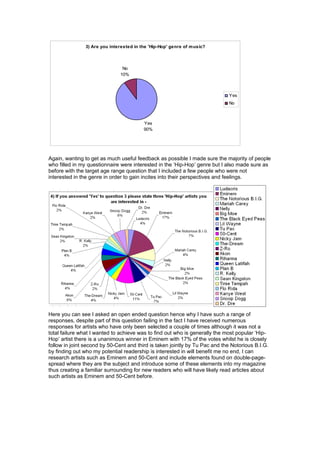3) Are you interested in the 'Hip-Hop' genre of music?
Yes
90%
No
10%
Yes
No
Again, wanting to get as much useful feedback as possible I made sure the majority of people
who filled in my questionnaire were interested in the ‘Hip-Hop’ genre but I also made sure as
before with the target age range question that I included a few people who were not
interested in the genre in order to gain incites into their perspectives and feelings.
Here you can see I asked an open ended question hence why I have such a range of
responses, despite part of this question failing in the fact I have received numerous
responses for artists who have only been selected a couple of times although it was not a
total failure what I wanted to achieve was to find out who is generally the most popular ‘Hip-
Hop’ artist there is a unanimous winner in Eminem with 17% of the votes whilst he is closely
follow in joint second by 50-Cent and third is taken jointly by Tu Pac and the Notorious B.I.G.
by finding out who my potential readership is interested in will benefit me no end, I can
research artists such as Eminem and 50-Cent and include elements found on double-page-
spread where they are the subject and introduce some of these elements into my magazine
thus creating a familiar surrounding for new readers who will have likely read articles about
such artists as Eminem and 50-Cent before.
 