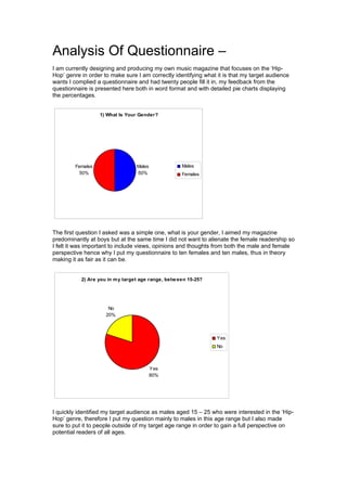 Analysis Of Questionnaire –
I am currently designing and producing my own music magazine that focuses on the ‘Hip-
Hop’ genre in order to make sure I am correctly identifying what it is that my target audience
wants I complied a questionnaire and had twenty people fill it in, my feedback from the
questionnaire is presented here both in word format and with detailed pie charts displaying
the percentages.
1) What Is Your Gender?
Males
50%
Females
50%
Males
Females
The first question I asked was a simple one, what is your gender, I aimed my magazine
predominantly at boys but at the same time I did not want to alienate the female readership so
I felt it was important to include views, opinions and thoughts from both the male and female
perspective hence why I put my questionnaire to ten females and ten males, thus in theory
making it as fair as it can be.
2) Are you in my target age range, between 15-25?
Yes
80%
No
20%
Yes
No
I quickly identified my target audience as males aged 15 – 25 who were interested in the ‘Hip-
Hop’ genre, therefore I put my question mainly to males in this age range but I also made
sure to put it to people outside of my target age range in order to gain a full perspective on
potential readers of all ages.
 