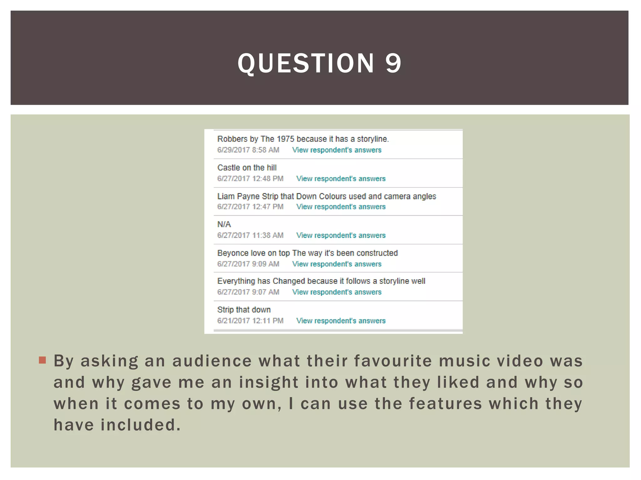  By asking an audience what their favourite music video was
and why gave me an insight into what they liked and why so
when it comes to my own, I can use the features which they
have included.
QUESTION 9
 