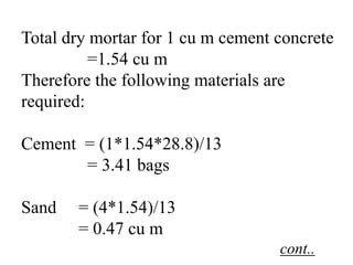 Total dry mortar for 1 cu m cement concrete
=1.54 cu m
Therefore the following materials are
required:
Cement = (1*1.54*28.8)/13
= 3.41 bags
Sand = (4*1.54)/13
= 0.47 cu m
cont..
 