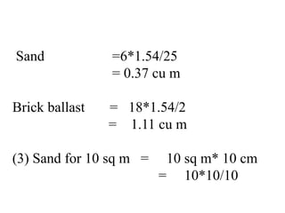 Sand =6*1.54/25
= 0.37 cu m
Brick ballast = 18*1.54/2
= 1.11 cu m
(3) Sand for 10 sq m = 10 sq m* 10 cm
= 10*10/10
 