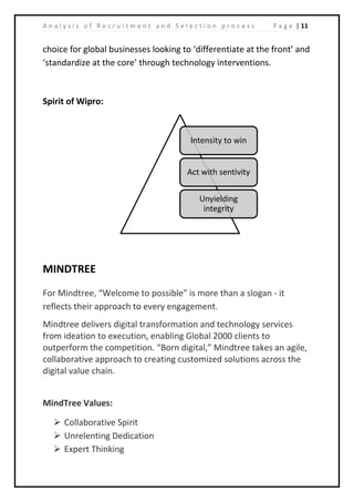 | 11A n a l y s i s o f R e c r u i t m e n t a n d S e l e c t i o n p r o c e s s P a g e
choice for global businesses looking to ‘differentiate at the front’ and
‘standardize at the core’ through technology interventions.
Spirit of Wipro:
MINDTREE
For Mindtree, “Welcome to possible” is more than a slogan - it
reflects their approach to every engagement.
Mindtree delivers digital transformation and technology services
from ideation to execution, enabling Global 2000 clients to
outperform the competition. “Born digital,” Mindtree takes an agile,
collaborative approach to creating customized solutions across the
digital value chain.
MindTree Values:
 Collaborative Spirit
 Unrelenting Dedication
 Expert Thinking
Intensity to win
Act with sentivity
Unyielding
integrity
 