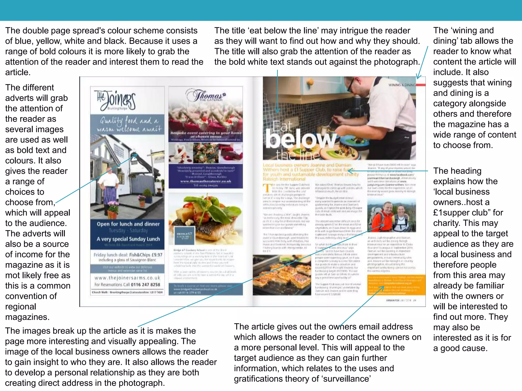 The ‘wining and
dining’ tab allows the
reader to know what
content the article will
include. It also
suggests that wining
and dining is a
category alongside
others and therefore
the magazine has a
wide range of content
to choose from.
The title ‘eat below the line’ may intrigue the reader
as they will want to find out how and why they should.
The title will also grab the attention of the reader as
the bold white text stands out against the photograph.
The double page spread's colour scheme consists
of blue, yellow, white and black. Because it uses a
range of bold colours it is more likely to grab the
attention of the reader and interest them to read the
article.
The heading
explains how the
‘local business
owners..host a
£1supper club” for
charity. This may
appeal to the target
audience as they are
a local business and
therefore people
from this area may
already be familiar
with the owners or
will be interested to
find out more. They
may also be
interested as it is for
a good cause.
The article gives out the owners email address
which allows the reader to contact the owners on
a more personal level. This will appeal to the
target audience as they can gain further
information, which relates to the uses and
gratifications theory of ‘surveillance’
The images break up the article as it is makes the
page more interesting and visually appealing. The
image of the local business owners allows the reader
to gain insight to who they are. It also allows the reader
to develop a personal relationship as they are both
creating direct address in the photograph.
The different
adverts will grab
the attention of
the reader as
several images
are used as well
as bold text and
colours. It also
gives the reader
a range of
choices to
choose from,
which will appeal
to the audience.
The adverts will
also be a source
of income for the
magazine as it is
mot likely free as
this is a common
convention of
regional
magazines.
 