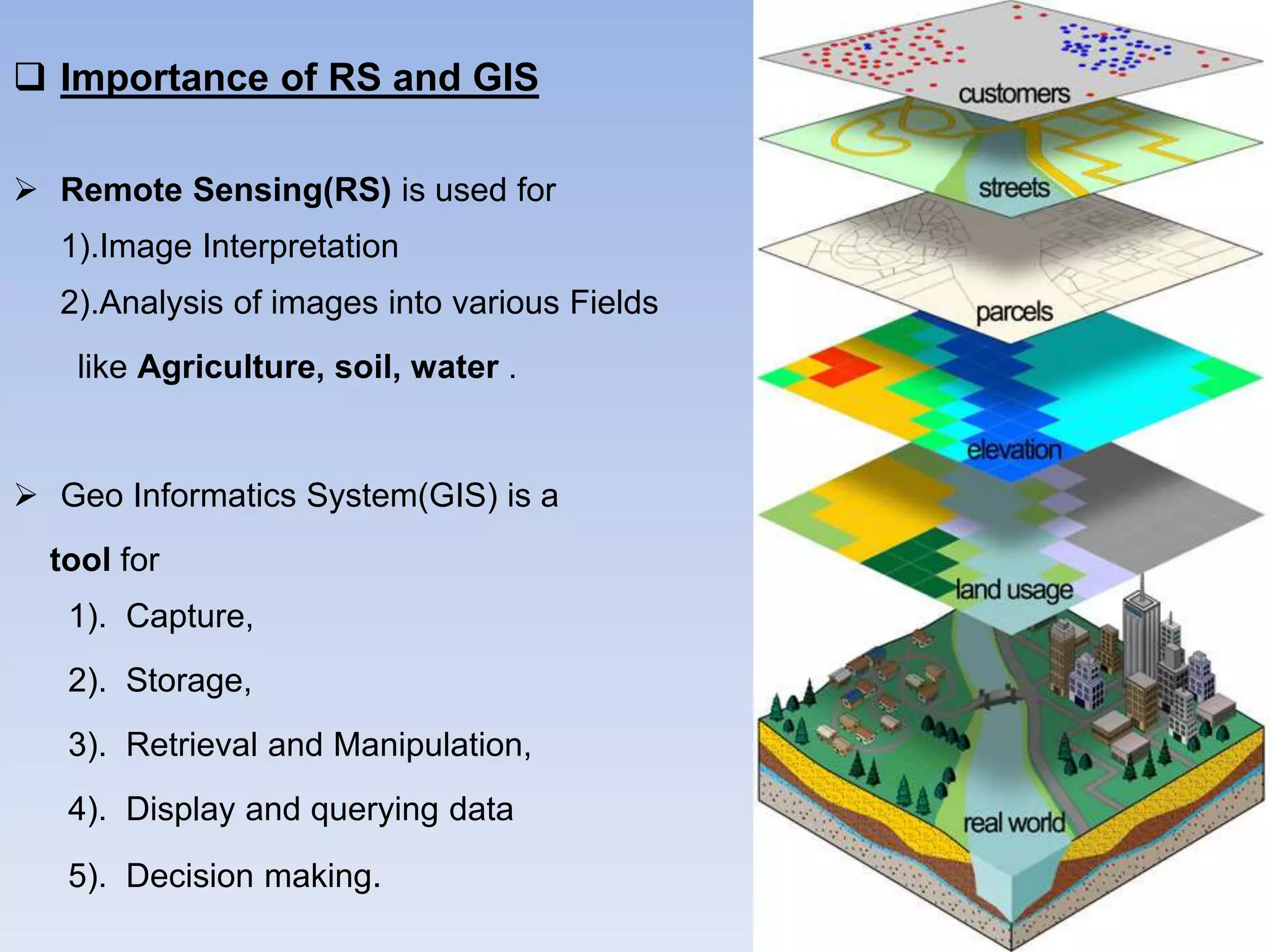  Importance of RS and GIS
 Remote Sensing(RS) is used for
1).Image Interpretation
2).Analysis of images into various Fields
like Agriculture, soil, water .
 Geo Informatics System(GIS) is a
tool for
1). Capture,
2). Storage,
3). Retrieval and Manipulation,
4). Display and querying data
5). Decision making.
 