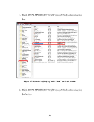 38
1. HKEY_LOCAL_MACHINESOFTWAREMicrosoftWindowsCurrentVersion
Run
Figure 5.2: Windows registry key under “Run” for Rxbot process
2. HKEY_LOCAL_MACHINESOFTWAREMicrosoftWindowsCurrentVersion
RunServices
 