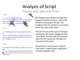 Analysis of Script
Scenes one, two and three
        We thought about doing it through the
        bedroom window because it seems like
        someone is preying on the girl. The
        window is from her bedroom so it shows
        where the action takes place.

        We want to cut to the scene of the girl
        coming into the house, exaggerate that
        she’s alone. You’ll be able to see the girl
        walk into the house turn the lights on
        and walk up the stairs.

        By having the scenes keep cutting to
        each other, it adds tension especially if
        we edit it together well.
 