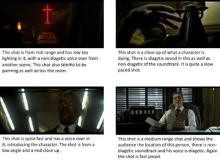 This shot is from mid range and has low key           This shot is a close up of what a character is
lighting in it, with a non-diagetic voice over from   doing, There is diagetic sound in this as well as
another scene. This shot also seems to be             non-diagetic of the soundtrack. It is quite a slow
panning as well across the room.                      paced shot.




This shot is quite fast and has a voice over in       This shot is a medium range shot and shows the
it, introducing the character. The shot is from a     audience the location of this person, there is non-
low angle and a mid close up.                         diagetic soundtrack and his voice is diagetic. Again
                                                      the shot is fast paced.
 