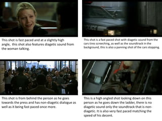 This shot is fast paced and at a slightly high       This shot is a fast paced shot with diagetic sound from the
angle, this shot also features diagetic sound from   cars tires screeching, as well as the soundtrack in the
the woman talking.                                   background, this is also a panning shot of the cars stopping.




This shot is from behind the person as he goes       This is a high angled shot looking down on this
towards the press and has non-diagetic dialogue as   person as he goes down the ladder, there is no
well as it being fast paced once more.               diagetic sound only the soundtrack that is non-
                                                     diagetic. It is also very fast paced matching the
                                                     speed of his decent.
 