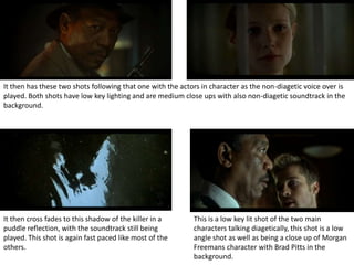 It then has these two shots following that one with the actors in character as the non-diagetic voice over is
played. Both shots have low key lighting and are medium close ups with also non-diagetic soundtrack in the
background.




It then cross fades to this shadow of the killer in a       This is a low key lit shot of the two main
puddle reflection, with the soundtrack still being          characters talking diagetically, this shot is a low
played. This shot is again fast paced like most of the      angle shot as well as being a close up of Morgan
others.                                                     Freemans character with Brad Pitts in the
                                                            background.
 