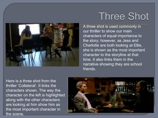 A three shot is used commonly in
                                       our thriller to show our main
                                       characters of equal importance to
                                       the story; however, as Jess and
                                       Charlotte are both looking at Ellie,
                                       she is shown as the most important
                                       character to the storyline at that
                                       time. It also links them in the
                                       narrative showing they are school
                                       friends.


Here is a three shot from the
thriller ‘Collateral’. It links the
characters shown. The way the
character on the left is highlighted
along with the other characters
are looking at him show him as
the most important character in
the scene.
 