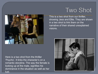 This is a two shot from our thriller,
                                        showing Jess and Ellie. They are shown
                                        in a two shot to link them on the
                                        narrative of their shared unexplained
                                        visions.




Here is a two shot from the thriller
‘Psycho’. It links the character’s on a
romantic storyline. The way the female is
looking up at the male, signifies his
dominance in the situation as well as her
lust.
 
