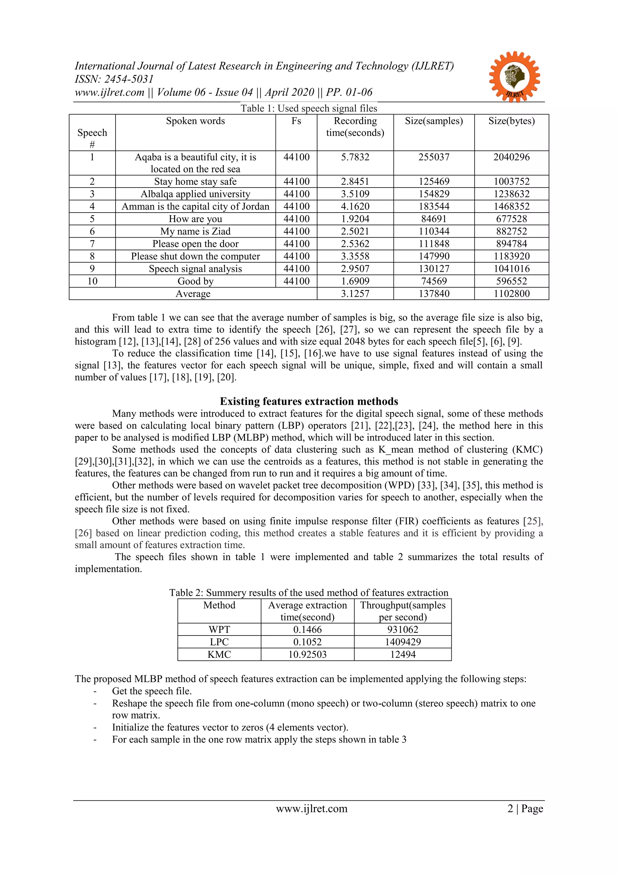 International Journal of Latest Research in Engineering and Technology (IJLRET)
ISSN: 2454-5031
www.ijlret.com || Volume 06 - Issue 04 || April 2020 || PP. 01-06
www.ijlret.com 2 | Page
Table 1: Used speech signal files
Speech
#
Spoken words Fs Recording
time(seconds)
Size(samples) Size(bytes)
1 Aqaba is a beautiful city, it is
located on the red sea
44100 5.7832 255037 2040296
2 Stay home stay safe 44100 2.8451 125469 1003752
3 Albalqa applied university 44100 3.5109 154829 1238632
4 Amman is the capital city of Jordan 44100 4.1620 183544 1468352
5 How are you 44100 1.9204 84691 677528
6 My name is Ziad 44100 2.5021 110344 882752
7 Please open the door 44100 2.5362 111848 894784
8 Please shut down the computer 44100 3.3558 147990 1183920
9 Speech signal analysis 44100 2.9507 130127 1041016
10 Good by 44100 1.6909 74569 596552
Average 3.1257 137840 1102800
From table 1 we can see that the average number of samples is big, so the average file size is also big,
and this will lead to extra time to identify the speech [26], [27], so we can represent the speech file by a
histogram [12], [13],[14], [28] of 256 values and with size equal 2048 bytes for each speech file[5], [6], [9].
To reduce the classification time [14], [15], [16].we have to use signal features instead of using the
signal [13], the features vector for each speech signal will be unique, simple, fixed and will contain a small
number of values [17], [18], [19], [20].
Existing features extraction methods
Many methods were introduced to extract features for the digital speech signal, some of these methods
were based on calculating local binary pattern (LBP) operators [21], [22],[23], [24], the method here in this
paper to be analysed is modified LBP (MLBP) method, which will be introduced later in this section.
Some methods used the concepts of data clustering such as K_mean method of clustering (KMC)
[29],[30],[31],[32], in which we can use the centroids as a features, this method is not stable in generating the
features, the features can be changed from run to run and it requires a big amount of time.
Other methods were based on wavelet packet tree decomposition (WPD) [33], [34], [35], this method is
efficient, but the number of levels required for decomposition varies for speech to another, especially when the
speech file size is not fixed.
Other methods were based on using finite impulse response filter (FIR) coefficients as features [25],
[26] based on linear prediction coding, this method creates a stable features and it is efficient by providing a
small amount of features extraction time.
The speech files shown in table 1 were implemented and table 2 summarizes the total results of
implementation.
Table 2: Summery results of the used method of features extraction
Method Average extraction
time(second)
Throughput(samples
per second)
WPT 0.1466 931062
LPC 0.1052 1409429
KMC 10.92503 12494
The proposed MLBP method of speech features extraction can be implemented applying the following steps:
- Get the speech file.
- Reshape the speech file from one-column (mono speech) or two-column (stereo speech) matrix to one
row matrix.
- Initialize the features vector to zeros (4 elements vector).
- For each sample in the one row matrix apply the steps shown in table 3
 