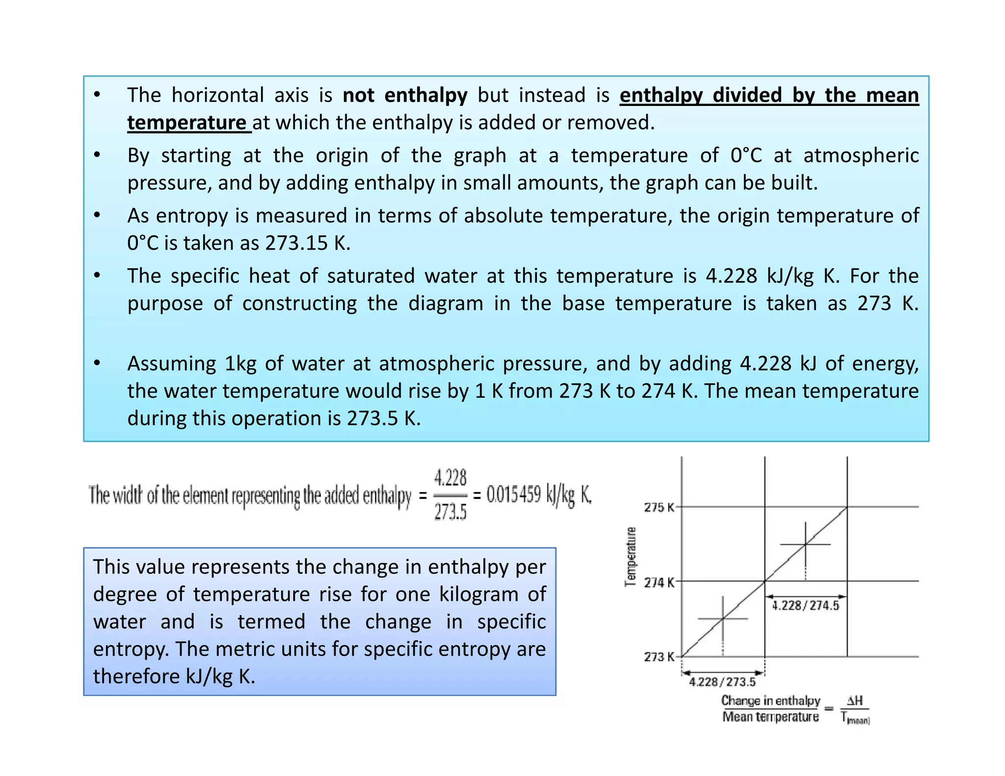 • The horizontal axis is not enthalpy but instead is enthalpy divided by the mean
temperature at which the enthalpy is added or removed.
• By starting at the origin of the graph at a temperature of 0°C at atmospheric
pressure, and by adding enthalpy in small amounts, the graph can be built.
• As entropy is measured in terms of absolute temperature, the origin temperature of
0°C is taken as 273.15 K.
• The specific heat of saturated water at this temperature is 4.228 kJ/kg K. For the
purpose of constructing the diagram in the base temperature is taken as 273 K.
• Assuming 1kg of water at atmospheric pressure, and by adding 4.228 kJ of energy,
the water temperature would rise by 1 K from 273 K to 274 K. The mean temperature
during this operation is 273.5 K.
• The horizontal axis is not enthalpy but instead is enthalpy divided by the mean
temperature at which the enthalpy is added or removed.
• By starting at the origin of the graph at a temperature of 0°C at atmospheric
pressure, and by adding enthalpy in small amounts, the graph can be built.
• As entropy is measured in terms of absolute temperature, the origin temperature of
0°C is taken as 273.15 K.
• The specific heat of saturated water at this temperature is 4.228 kJ/kg K. For the
purpose of constructing the diagram in the base temperature is taken as 273 K.
• Assuming 1kg of water at atmospheric pressure, and by adding 4.228 kJ of energy,
the water temperature would rise by 1 K from 273 K to 274 K. The mean temperature
during this operation is 273.5 K.
• The horizontal axis is not enthalpy but instead is enthalpy divided by the mean
temperature at which the enthalpy is added or removed.
• By starting at the origin of the graph at a temperature of 0°C at atmospheric
pressure, and by adding enthalpy in small amounts, the graph can be built.
• As entropy is measured in terms of absolute temperature, the origin temperature of
0°C is taken as 273.15 K.
• The specific heat of saturated water at this temperature is 4.228 kJ/kg K. For the
purpose of constructing the diagram in the base temperature is taken as 273 K.
• Assuming 1kg of water at atmospheric pressure, and by adding 4.228 kJ of energy,
the water temperature would rise by 1 K from 273 K to 274 K. The mean temperature
during this operation is 273.5 K.
• The horizontal axis is not enthalpy but instead is enthalpy divided by the mean
temperature at which the enthalpy is added or removed.
• By starting at the origin of the graph at a temperature of 0°C at atmospheric
pressure, and by adding enthalpy in small amounts, the graph can be built.
• As entropy is measured in terms of absolute temperature, the origin temperature of
0°C is taken as 273.15 K.
• The specific heat of saturated water at this temperature is 4.228 kJ/kg K. For the
purpose of constructing the diagram in the base temperature is taken as 273 K.
• Assuming 1kg of water at atmospheric pressure, and by adding 4.228 kJ of energy,
the water temperature would rise by 1 K from 273 K to 274 K. The mean temperature
during this operation is 273.5 K.
This value represents the change in enthalpy per
degree of temperature rise for one kilogram of
water and is termed the change in specific
entropy. The metric units for specific entropy are
therefore kJ/kg K.
This value represents the change in enthalpy per
degree of temperature rise for one kilogram of
water and is termed the change in specific
entropy. The metric units for specific entropy are
therefore kJ/kg K.
 