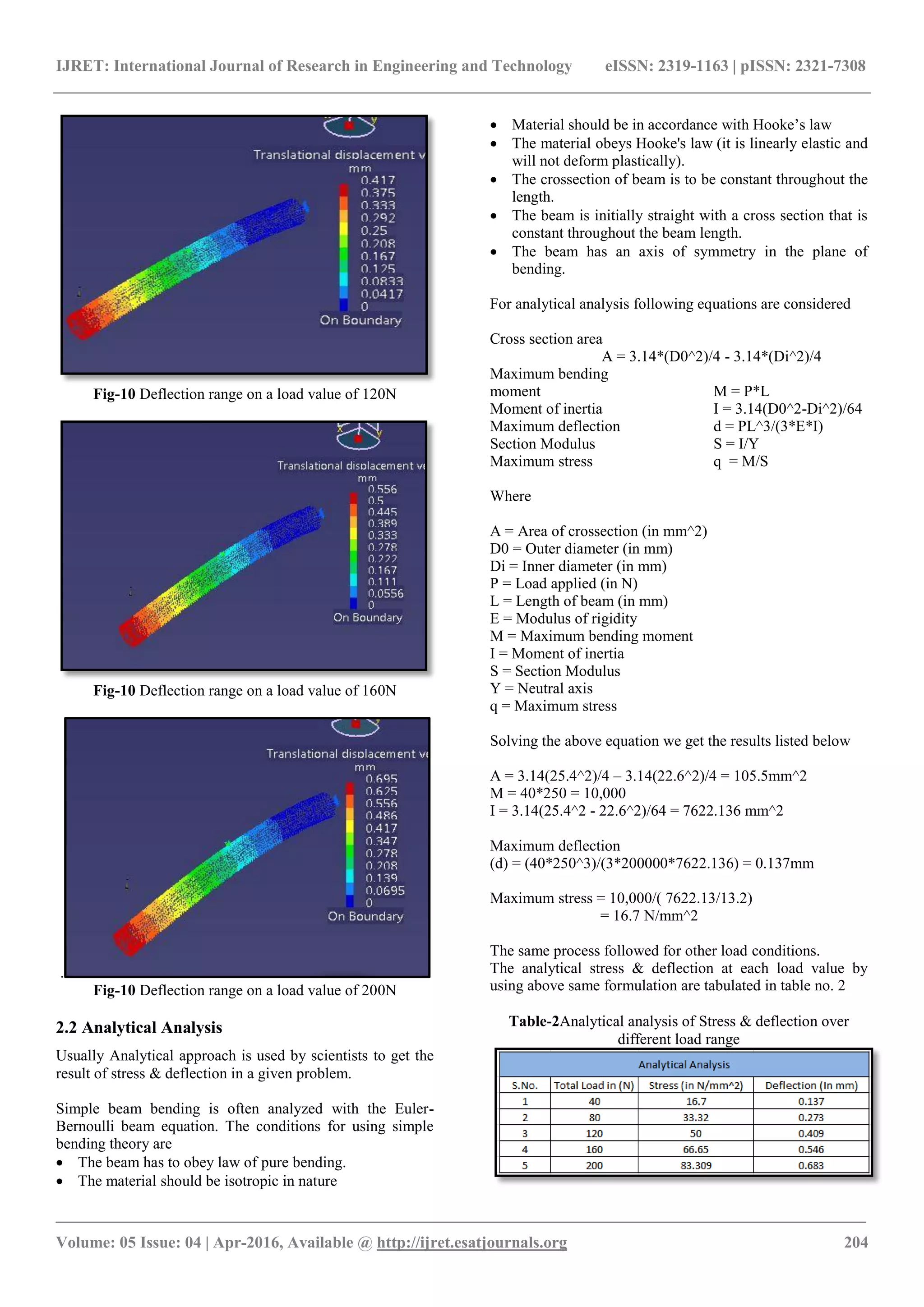IJRET: International Journal of Research in Engineering and Technology eISSN: 2319-1163 | pISSN: 2321-7308
_______________________________________________________________________________________
Volume: 05 Issue: 04 | Apr-2016, Available @ http://ijret.esatjournals.org 204
Fig-10 Deflection range on a load value of 120N
Fig-10 Deflection range on a load value of 160N
.
Fig-10 Deflection range on a load value of 200N
2.2 Analytical Analysis
Usually Analytical approach is used by scientists to get the
result of stress & deflection in a given problem.
Simple beam bending is often analyzed with the Euler-
Bernoulli beam equation. The conditions for using simple
bending theory are
 The beam has to obey law of pure bending.
 The material should be isotropic in nature
 Material should be in accordance with Hooke’s law
 The material obeys Hooke's law (it is linearly elastic and
will not deform plastically).
 The crossection of beam is to be constant throughout the
length.
 The beam is initially straight with a cross section that is
constant throughout the beam length.
 The beam has an axis of symmetry in the plane of
bending.
For analytical analysis following equations are considered
Cross section area
A = 3.14*(D0^2)/4 - 3.14*(Di^2)/4
Maximum bending
moment M = P*L
Moment of inertia I = 3.14(D0^2-Di^2)/64
Maximum deflection d = PL^3/(3*E*I)
Section Modulus S = I/Y
Maximum stress q = M/S
Where
A = Area of crossection (in mm^2)
D0 = Outer diameter (in mm)
Di = Inner diameter (in mm)
P = Load applied (in N)
L = Length of beam (in mm)
E = Modulus of rigidity
M = Maximum bending moment
I = Moment of inertia
S = Section Modulus
Y = Neutral axis
q = Maximum stress
Solving the above equation we get the results listed below
A = 3.14(25.4^2)/4 – 3.14(22.6^2)/4 = 105.5mm^2
M = 40*250 = 10,000
I = 3.14(25.4^2 - 22.6^2)/64 = 7622.136 mm^2
Maximum deflection
(d) = (40*250^3)/(3*200000*7622.136) = 0.137mm
Maximum stress = 10,000/( 7622.13/13.2)
= 16.7 N/mm^2
The same process followed for other load conditions.
The analytical stress & deflection at each load value by
using above same formulation are tabulated in table no. 2
Table-2Analytical analysis of Stress & deflection over
different load range
 