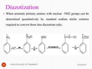 Diazotization
 When aromatic primary amines with nuclear –NH2 groups can be
determined quantitatively by standard sodium nitrite solution
required to convert them into diazonium salts.
12/15/201610 VIKAS COLLEGE OF PHARMACY
 