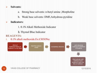  Solvents:
a. Strong base solvents: n-butyl amine ,Morpholine
b. Weak base solvents: DMF,Anhydrous pyridine
 Indicators:
1. 0.1N Alkali Methoxide Indicator
2. Thymol Blue Indicator
REAGENTS:
1. 0.1N alkali methoxide.Ex:CH3ONa:
12/15/201613
40ml of
methanol+50ml of
toulene in a dry flask
Add the sodium
metal
completely dissolve
add absolute
methanol+add50ml
of toulene
Alternatively add
methanol and
toulene to get one
litre of solution
VIKAS COLLEGE OF PHARMACY
 