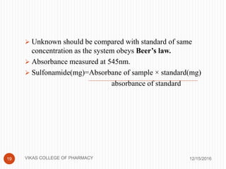 12/15/201619
 Unknown should be compared with standard of same
concentration as the system obeys Beer’s law.
 Absorbance measured at 545nm.
 Sulfonamide(mg)=Absorbane of sample × standard(mg)
absorbance of standard
VIKAS COLLEGE OF PHARMACY
 