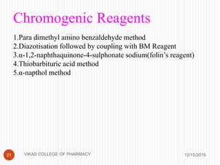 12/15/201621
Chromogenic Reagents
1.Para dimethyl amino benzaldehyde method
2.Diazotisation followed by coupling with BM Reagent
3.α-1,2-naphthaquinone-4-sulphonate sodium(folin’s reagent)
4.Thiobarbituric acid method
5.α-napthol method
VIKAS COLLEGE OF PHARMACY
 