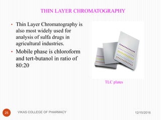 12/15/201625
• Thin Layer Chromatography is
also most widely used for
analysis of sulfa drugs in
agricultural industries.
• Mobile phase is chloroform
and tert-butanol in ratio of
80:20
THIN LAYER CHROMATOGRAPHY
TLC plates
VIKAS COLLEGE OF PHARMACY
 