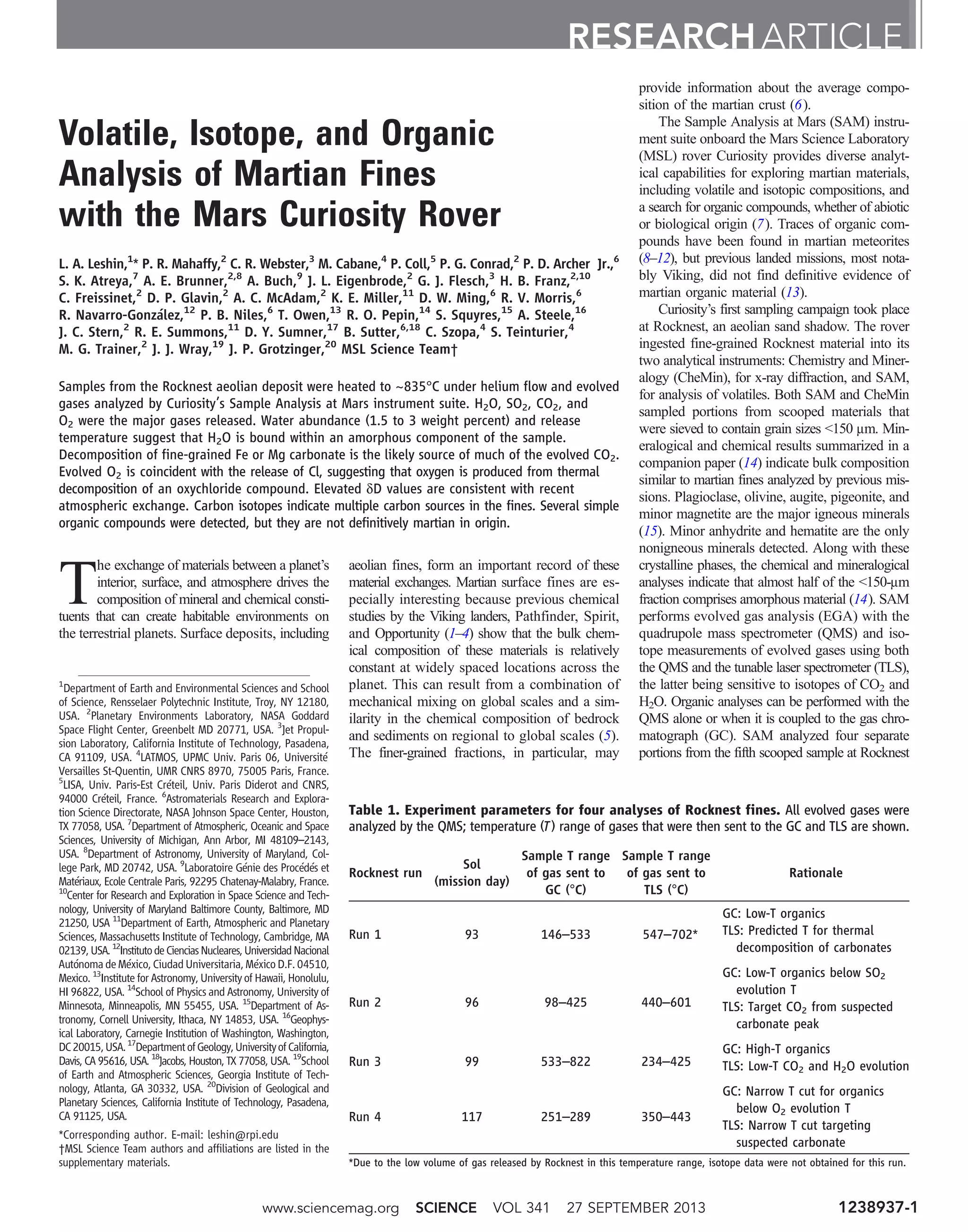 Volatile, Isotope, and Organic
Analysis of Martian Fines
with the Mars Curiosity Rover
L. A. Leshin,1
* P. R. Mahaffy,2
C. R. Webster,3
M. Cabane,4
P. Coll,5
P. G. Conrad,2
P. D. Archer Jr.,6
S. K. Atreya,7
A. E. Brunner,2,8
A. Buch,9
J. L. Eigenbrode,2
G. J. Flesch,3
H. B. Franz,2,10
C. Freissinet,2
D. P. Glavin,2
A. C. McAdam,2
K. E. Miller,11
D. W. Ming,6
R. V. Morris,6
R. Navarro-González,12
P. B. Niles,6
T. Owen,13
R. O. Pepin,14
S. Squyres,15
A. Steele,16
J. C. Stern,2
R. E. Summons,11
D. Y. Sumner,17
B. Sutter,6,18
C. Szopa,4
S. Teinturier,4
M. G. Trainer,2
J. J. Wray,19
J. P. Grotzinger,20
MSL Science Team†
Samples from the Rocknest aeolian deposit were heated to ~835°C under helium flow and evolved
gases analyzed by Curiosity’s Sample Analysis at Mars instrument suite. H2O, SO2, CO2, and
O2 were the major gases released. Water abundance (1.5 to 3 weight percent) and release
temperature suggest that H2O is bound within an amorphous component of the sample.
Decomposition of fine-grained Fe or Mg carbonate is the likely source of much of the evolved CO2.
Evolved O2 is coincident with the release of Cl, suggesting that oxygen is produced from thermal
decomposition of an oxychloride compound. Elevated dD values are consistent with recent
atmospheric exchange. Carbon isotopes indicate multiple carbon sources in the fines. Several simple
organic compounds were detected, but they are not definitively martian in origin.
T
he exchange of materials between a planet’s
interior, surface, and atmosphere drives the
composition of mineral and chemical consti-
tuents that can create habitable environments on
the terrestrial planets. Surface deposits, including
aeolian fines, form an important record of these
material exchanges. Martian surface fines are es-
pecially interesting because previous chemical
studies by the Viking landers, Pathfinder, Spirit,
and Opportunity (1–4) show that the bulk chem-
ical composition of these materials is relatively
constant at widely spaced locations across the
planet. This can result from a combination of
mechanical mixing on global scales and a sim-
ilarity in the chemical composition of bedrock
and sediments on regional to global scales (5).
The finer-grained fractions, in particular, may
provide information about the average compo-
sition of the martian crust (6).
The Sample Analysis at Mars (SAM) instru-
ment suite onboard the Mars Science Laboratory
(MSL) rover Curiosity provides diverse analyt-
ical capabilities for exploring martian materials,
including volatile and isotopic compositions, and
a search for organic compounds, whether of abiotic
or biological origin (7). Traces of organic com-
pounds have been found in martian meteorites
(8–12), but previous landed missions, most nota-
bly Viking, did not find definitive evidence of
martian organic material (13).
Curiosity’s first sampling campaign took place
at Rocknest, an aeolian sand shadow. The rover
ingested fine-grained Rocknest material into its
two analytical instruments: Chemistry and Miner-
alogy (CheMin), for x-ray diffraction, and SAM,
for analysis of volatiles. Both SAM and CheMin
sampled portions from scooped materials that
were sieved to contain grain sizes 150 mm. Min-
eralogical and chemical results summarized in a
companion paper (14) indicate bulk composition
similar to martian fines analyzed by previous mis-
sions. Plagioclase, olivine, augite, pigeonite, and
minor magnetite are the major igneous minerals
(15). Minor anhydrite and hematite are the only
nonigneous minerals detected. Along with these
crystalline phases, the chemical and mineralogical
analyses indicate that almost half of the 150-mm
fraction comprises amorphous material (14). SAM
performs evolved gas analysis (EGA) with the
quadrupole mass spectrometer (QMS) and iso-
tope measurements of evolved gases using both
the QMS and the tunable laser spectrometer (TLS),
the latter being sensitive to isotopes of CO2 and
H2O. Organic analyses can be performed with the
QMS alone or when it is coupled to the gas chro-
matograph (GC). SAM analyzed four separate
portions from the fifth scooped sample at Rocknest
RESEARCH ARTICLE
1
Department of Earth and Environmental Sciences and School
of Science, Rensselaer Polytechnic Institute, Troy, NY 12180,
USA. 2
Planetary Environments Laboratory, NASA Goddard
Space Flight Center, Greenbelt MD 20771, USA. 3
Jet Propul-
sion Laboratory, California Institute of Technology, Pasadena,
CA 91109, USA. 4
LATMOS, UPMC Univ. Paris 06, Université
Versailles St-Quentin, UMR CNRS 8970, 75005 Paris, France.
5
LISA, Univ. Paris-Est Créteil, Univ. Paris Diderot and CNRS,
94000 Créteil, France. 6
Astromaterials Research and Explora-
tion Science Directorate, NASA Johnson Space Center, Houston,
TX 77058, USA. 7
Department of Atmospheric, Oceanic and Space
Sciences, University of Michigan, Ann Arbor, MI 48109–2143,
USA. 8
Department of Astronomy, University of Maryland, Col-
lege Park, MD 20742, USA. 9
Laboratoire Génie des Procédés et
Matériaux, Ecole Centrale Paris, 92295 Chatenay-Malabry, France.
10
Center for Research and Exploration in Space Science and Tech-
nology, University of Maryland Baltimore County, Baltimore, MD
21250, USA 11
Department of Earth, Atmospheric and Planetary
Sciences, Massachusetts Institute of Technology, Cambridge, MA
02139,USA.12
InstitutodeCienciasNucleares,UniversidadNacional
Autónoma de México, Ciudad Universitaria, México D.F. 04510,
Mexico. 13
Institute for Astronomy, University of Hawaii, Honolulu,
HI 96822, USA. 14
School of Physics and Astronomy, University of
Minnesota, Minneapolis, MN 55455, USA. 15
Department of As-
tronomy, Cornell University, Ithaca, NY 14853, USA. 16
Geophys-
ical Laboratory, Carnegie Institution of Washington, Washington,
DC20015,USA.17
DepartmentofGeology,UniversityofCalifornia,
Davis, CA 95616, USA. 18
Jacobs, Houston, TX 77058, USA. 19
School
of Earth and Atmospheric Sciences, Georgia Institute of Tech-
nology, Atlanta, GA 30332, USA. 20
Division of Geological and
Planetary Sciences, California Institute of Technology, Pasadena,
CA 91125, USA.
*Corresponding author. E-mail: leshin@rpi.edu
†MSL Science Team authors and affiliations are listed in the
supplementary materials.
Table 1. Experiment parameters for four analyses of Rocknest fines. All evolved gases were
analyzed by the QMS; temperature (T) range of gases that were then sent to the GC and TLS are shown.
Rocknest run
Sol
(mission day)
Sample T range
of gas sent to
GC (°C)
Sample T range
of gas sent to
TLS (°C)
Rationale
Run 1 93 146–533 547–702*
GC: Low-T organics
TLS: Predicted T for thermal
decomposition of carbonates
Run 2 96 98–425 440–601
GC: Low-T organics below SO2
evolution T
TLS: Target CO2 from suspected
carbonate peak
Run 3 99 533–822 234–425
GC: High-T organics
TLS: Low-T CO2 and H2O evolution
Run 4 117 251–289 350–443
GC: Narrow T cut for organics
below O2 evolution T
TLS: Narrow T cut targeting
suspected carbonate
*Due to the low volume of gas released by Rocknest in this temperature range, isotope data were not obtained for this run.
www.sciencemag.org SCIENCE VOL 341 27 SEPTEMBER 2013 1238937-1
 