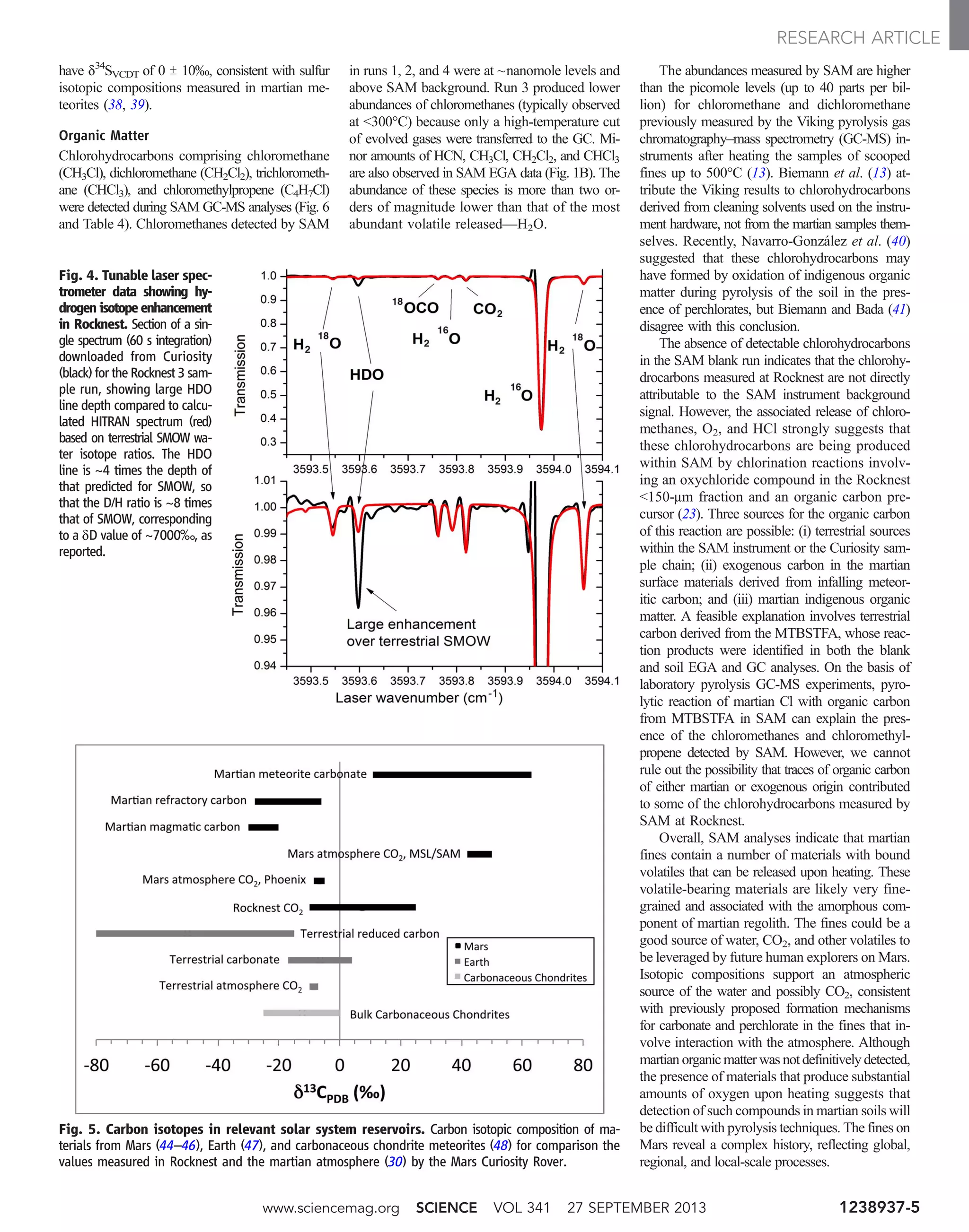 have d34
SVCDT of 0 T 10‰, consistent with sulfur
isotopic compositions measured in martian me-
teorites (38, 39).
Organic Matter
Chlorohydrocarbons comprising chloromethane
(CH3Cl), dichloromethane (CH2Cl2), trichlorometh-
ane (CHCl3), and chloromethylpropene (C4H7Cl)
were detected during SAM GC-MS analyses (Fig. 6
and Table 4). Chloromethanes detected by SAM
in runs 1, 2, and 4 were at ~nanomole levels and
above SAM background. Run 3 produced lower
abundances of chloromethanes (typically observed
at 300°C) because only a high-temperature cut
of evolved gases were transferred to the GC. Mi-
nor amounts of HCN, CH3Cl, CH2Cl2, and CHCl3
are also observed in SAM EGA data (Fig. 1B). The
abundance of these species is more than two or-
ders of magnitude lower than that of the most
abundant volatile released—H2O.
The abundances measured by SAM are higher
than the picomole levels (up to 40 parts per bil-
lion) for chloromethane and dichloromethane
previously measured by the Viking pyrolysis gas
chromatography–mass spectrometry (GC-MS) in-
struments after heating the samples of scooped
fines up to 500°C (13). Biemann et al. (13) at-
tribute the Viking results to chlorohydrocarbons
derived from cleaning solvents used on the instru-
ment hardware, not from the martian samples them-
selves. Recently, Navarro-González et al. (40)
suggested that these chlorohydrocarbons may
have formed by oxidation of indigenous organic
matter during pyrolysis of the soil in the pres-
ence of perchlorates, but Biemann and Bada (41)
disagree with this conclusion.
The absence of detectable chlorohydrocarbons
in the SAM blank run indicates that the chlorohy-
drocarbons measured at Rocknest are not directly
attributable to the SAM instrument background
signal. However, the associated release of chloro-
methanes, O2, and HCl strongly suggests that
these chlorohydrocarbons are being produced
within SAM by chlorination reactions involv-
ing an oxychloride compound in the Rocknest
150-mm fraction and an organic carbon pre-
cursor (23). Three sources for the organic carbon
of this reaction are possible: (i) terrestrial sources
within the SAM instrument or the Curiosity sam-
ple chain; (ii) exogenous carbon in the martian
surface materials derived from infalling meteor-
itic carbon; and (iii) martian indigenous organic
matter. A feasible explanation involves terrestrial
carbon derived from the MTBSTFA, whose reac-
tion products were identified in both the blank
and soil EGA and GC analyses. On the basis of
laboratory pyrolysis GC-MS experiments, pyro-
lytic reaction of martian Cl with organic carbon
from MTBSTFA in SAM can explain the pres-
ence of the chloromethanes and chloromethyl-
propene detected by SAM. However, we cannot
rule out the possibility that traces of organic carbon
of either martian or exogenous origin contributed
to some of the chlorohydrocarbons measured by
SAM at Rocknest.
Overall, SAM analyses indicate that martian
fines contain a number of materials with bound
volatiles that can be released upon heating. These
volatile-bearing materials are likely very fine-
grained and associated with the amorphous com-
ponent of martian regolith. The fines could be a
good source of water, CO2, and other volatiles to
be leveraged by future human explorers on Mars.
Isotopic compositions support an atmospheric
source of the water and possibly CO2, consistent
with previously proposed formation mechanisms
for carbonate and perchlorate in the fines that in-
volve interaction with the atmosphere. Although
martian organic matter was not definitively detected,
the presence of materials that produce substantial
amounts of oxygen upon heating suggests that
detection of such compounds in martian soils will
be difficult with pyrolysis techniques. The fines on
Mars reveal a complex history, reflecting global,
regional, and local-scale processes.
Fig. 4. Tunable laser spec-
trometer data showing hy-
drogen isotope enhancement
in Rocknest. Section of a sin-
gle spectrum (60 s integration)
downloaded from Curiosity
(black) for the Rocknest 3 sam-
ple run, showing large HDO
line depth compared to calcu-
lated HITRAN spectrum (red)
based on terrestrial SMOW wa-
ter isotope ratios. The HDO
line is ~4 times the depth of
that predicted for SMOW, so
that the D/H ratio is ~8 times
that of SMOW, corresponding
to a dD value of ~7000‰, as
reported.
Fig. 5. Carbon isotopes in relevant solar system reservoirs. Carbon isotopic composition of ma-
terials from Mars (44–46), Earth (47), and carbonaceous chondrite meteorites (48) for comparison the
values measured in Rocknest and the martian atmosphere (30) by the Mars Curiosity Rover.
www.sciencemag.org SCIENCE VOL 341 27 SEPTEMBER 2013 1238937-5
RESEARCH ARTICLE
 