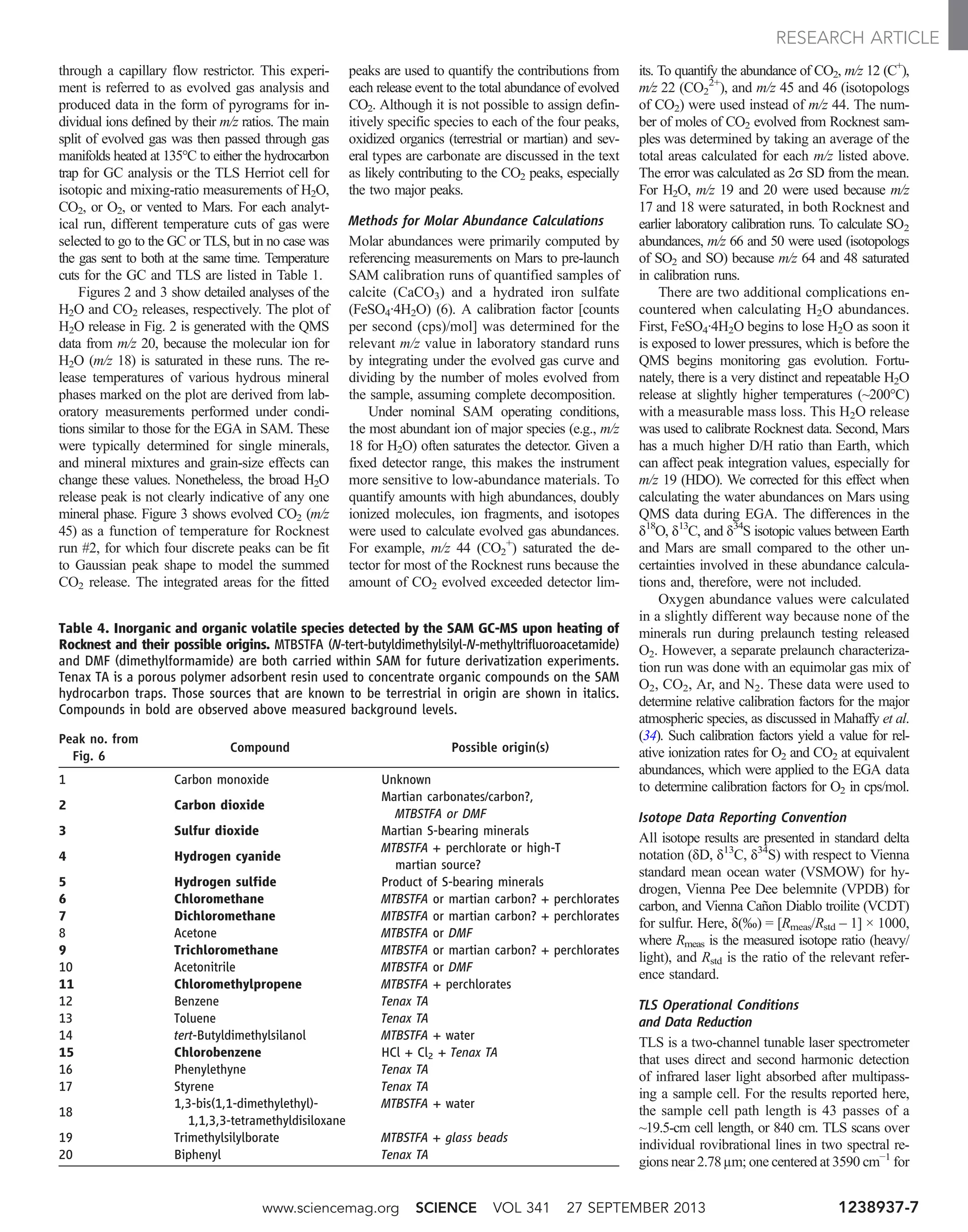 through a capillary flow restrictor. This experi-
ment is referred to as evolved gas analysis and
produced data in the form of pyrograms for in-
dividual ions defined by their m/z ratios. The main
split of evolved gas was then passed through gas
manifolds heated at 135°C to either the hydrocarbon
trap for GC analysis or the TLS Herriot cell for
isotopic and mixing-ratio measurements of H2O,
CO2, or O2, or vented to Mars. For each analyt-
ical run, different temperature cuts of gas were
selected to go to the GC or TLS, but in no case was
the gas sent to both at the same time. Temperature
cuts for the GC and TLS are listed in Table 1.
Figures 2 and 3 show detailed analyses of the
H2O and CO2 releases, respectively. The plot of
H2O release in Fig. 2 is generated with the QMS
data from m/z 20, because the molecular ion for
H2O (m/z 18) is saturated in these runs. The re-
lease temperatures of various hydrous mineral
phases marked on the plot are derived from lab-
oratory measurements performed under condi-
tions similar to those for the EGA in SAM. These
were typically determined for single minerals,
and mineral mixtures and grain-size effects can
change these values. Nonetheless, the broad H2O
release peak is not clearly indicative of any one
mineral phase. Figure 3 shows evolved CO2 (m/z
45) as a function of temperature for Rocknest
run #2, for which four discrete peaks can be fit
to Gaussian peak shape to model the summed
CO2 release. The integrated areas for the fitted
peaks are used to quantify the contributions from
each release event to the total abundance of evolved
CO2. Although it is not possible to assign defin-
itively specific species to each of the four peaks,
oxidized organics (terrestrial or martian) and sev-
eral types are carbonate are discussed in the text
as likely contributing to the CO2 peaks, especially
the two major peaks.
Methods for Molar Abundance Calculations
Molar abundances were primarily computed by
referencing measurements on Mars to pre-launch
SAM calibration runs of quantified samples of
calcite (CaCO3) and a hydrated iron sulfate
(FeSO4·4H2O) (6). A calibration factor [counts
per second (cps)/mol] was determined for the
relevant m/z value in laboratory standard runs
by integrating under the evolved gas curve and
dividing by the number of moles evolved from
the sample, assuming complete decomposition.
Under nominal SAM operating conditions,
the most abundant ion of major species (e.g., m/z
18 for H2O) often saturates the detector. Given a
fixed detector range, this makes the instrument
more sensitive to low-abundance materials. To
quantify amounts with high abundances, doubly
ionized molecules, ion fragments, and isotopes
were used to calculate evolved gas abundances.
For example, m/z 44 (CO2
+
) saturated the de-
tector for most of the Rocknest runs because the
amount of CO2 evolved exceeded detector lim-
its. To quantify the abundance of CO2, m/z 12 (C+
),
m/z 22 (CO2
2+
), and m/z 45 and 46 (isotopologs
of CO2) were used instead of m/z 44. The num-
ber of moles of CO2 evolved from Rocknest sam-
ples was determined by taking an average of the
total areas calculated for each m/z listed above.
The error was calculated as 2s SD from the mean.
For H2O, m/z 19 and 20 were used because m/z
17 and 18 were saturated, in both Rocknest and
earlier laboratory calibration runs. To calculate SO2
abundances, m/z 66 and 50 were used (isotopologs
of SO2 and SO) because m/z 64 and 48 saturated
in calibration runs.
There are two additional complications en-
countered when calculating H2O abundances.
First, FeSO4·4H2O begins to lose H2O as soon it
is exposed to lower pressures, which is before the
QMS begins monitoring gas evolution. Fortu-
nately, there is a very distinct and repeatable H2O
release at slightly higher temperatures (~200°C)
with a measurable mass loss. This H2O release
was used to calibrate Rocknest data. Second, Mars
has a much higher D/H ratio than Earth, which
can affect peak integration values, especially for
m/z 19 (HDO). We corrected for this effect when
calculating the water abundances on Mars using
QMS data during EGA. The differences in the
d18
O, d13
C, and d34
S isotopic values between Earth
and Mars are small compared to the other un-
certainties involved in these abundance calcula-
tions and, therefore, were not included.
Oxygen abundance values were calculated
in a slightly different way because none of the
minerals run during prelaunch testing released
O2. However, a separate prelaunch characteriza-
tion run was done with an equimolar gas mix of
O2, CO2, Ar, and N2. These data were used to
determine relative calibration factors for the major
atmospheric species, as discussed in Mahaffy et al.
(34). Such calibration factors yield a value for rel-
ative ionization rates for O2 and CO2 at equivalent
abundances, which were applied to the EGA data
to determine calibration factors for O2 in cps/mol.
Isotope Data Reporting Convention
All isotope results are presented in standard delta
notation (dD, d13
C, d34
S) with respect to Vienna
standard mean ocean water (VSMOW) for hy-
drogen, Vienna Pee Dee belemnite (VPDB) for
carbon, and Vienna Cañon Diablo troilite (VCDT)
for sulfur. Here, d(‰) = [Rmeas/Rstd – 1] × 1000,
where Rmeas is the measured isotope ratio (heavy/
light), and Rstd is the ratio of the relevant refer-
ence standard.
TLS Operational Conditions
and Data Reduction
TLS is a two-channel tunable laser spectrometer
that uses direct and second harmonic detection
of infrared laser light absorbed after multipass-
ing a sample cell. For the results reported here,
the sample cell path length is 43 passes of a
~19.5-cm cell length, or 840 cm. TLS scans over
individual rovibrational lines in two spectral re-
gions near 2.78 mm; one centered at 3590 cm−1
for
Table 4. Inorganic and organic volatile species detected by the SAM GC-MS upon heating of
Rocknest and their possible origins. MTBSTFA (N-tert-butyldimethylsilyl-N-methyltrifluoroacetamide)
and DMF (dimethylformamide) are both carried within SAM for future derivatization experiments.
Tenax TA is a porous polymer adsorbent resin used to concentrate organic compounds on the SAM
hydrocarbon traps. Those sources that are known to be terrestrial in origin are shown in italics.
Compounds in bold are observed above measured background levels.
Peak no. from
Fig. 6
Compound Possible origin(s)
1 Carbon monoxide Unknown
2 Carbon dioxide
Martian carbonates/carbon?,
MTBSTFA or DMF
3 Sulfur dioxide Martian S-bearing minerals
4 Hydrogen cyanide
MTBSTFA + perchlorate or high-T
martian source?
5 Hydrogen sulfide Product of S-bearing minerals
6 Chloromethane MTBSTFA or martian carbon? + perchlorates
7 Dichloromethane MTBSTFA or martian carbon? + perchlorates
8 Acetone MTBSTFA or DMF
9 Trichloromethane MTBSTFA or martian carbon? + perchlorates
10 Acetonitrile MTBSTFA or DMF
11 Chloromethylpropene MTBSTFA + perchlorates
12 Benzene Tenax TA
13 Toluene Tenax TA
14 tert-Butyldimethylsilanol MTBSTFA + water
15 Chlorobenzene HCl + Cl2 + Tenax TA
16 Phenylethyne Tenax TA
17 Styrene Tenax TA
18
1,3-bis(1,1-dimethylethyl)-
1,1,3,3-tetramethyldisiloxane
MTBSTFA + water
19 Trimethylsilylborate MTBSTFA + glass beads
20 Biphenyl Tenax TA
www.sciencemag.org SCIENCE VOL 341 27 SEPTEMBER 2013 1238937-7
RESEARCH ARTICLE
 