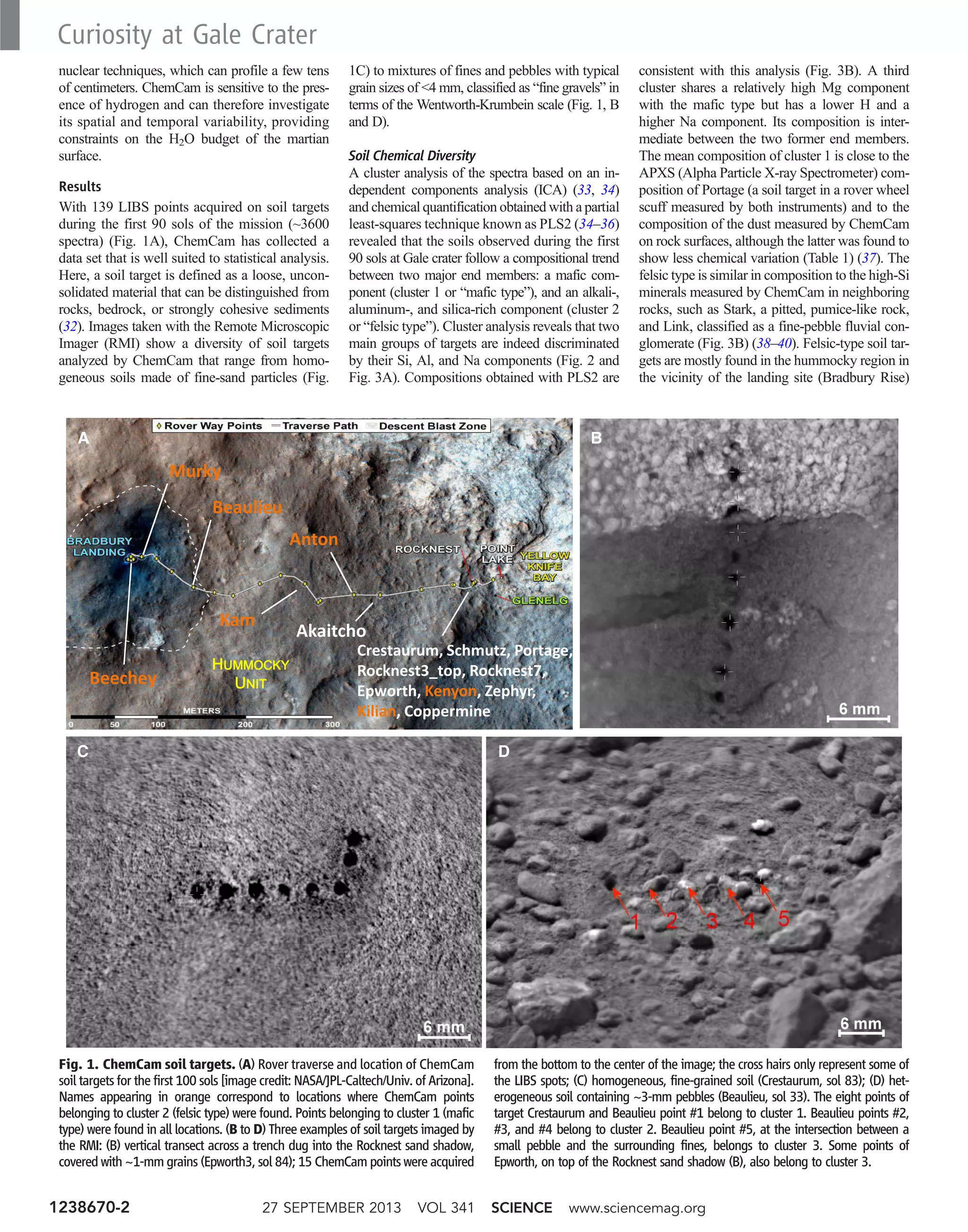 nuclear techniques, which can profile a few tens
of centimeters. ChemCam is sensitive to the pres-
ence of hydrogen and can therefore investigate
its spatial and temporal variability, providing
constraints on the H2O budget of the martian
surface.
Results
With 139 LIBS points acquired on soil targets
during the first 90 sols of the mission (~3600
spectra) (Fig. 1A), ChemCam has collected a
data set that is well suited to statistical analysis.
Here, a soil target is defined as a loose, uncon-
solidated material that can be distinguished from
rocks, bedrock, or strongly cohesive sediments
(32). Images taken with the Remote Microscopic
Imager (RMI) show a diversity of soil targets
analyzed by ChemCam that range from homo-
geneous soils made of fine-sand particles (Fig.
1C) to mixtures of fines and pebbles with typical
grain sizes of 4 mm, classified as “fine gravels” in
terms of the Wentworth-Krumbein scale (Fig. 1, B
and D).
Soil Chemical Diversity
A cluster analysis of the spectra based on an in-
dependent components analysis (ICA) (33, 34)
and chemical quantification obtained with a partial
least-squares technique known as PLS2 (34–36)
revealed that the soils observed during the first
90 sols at Gale crater follow a compositional trend
between two major end members: a mafic com-
ponent (cluster 1 or “mafic type”), and an alkali-,
aluminum-, and silica-rich component (cluster 2
or “felsic type”). Cluster analysis reveals that two
main groups of targets are indeed discriminated
by their Si, Al, and Na components (Fig. 2 and
Fig. 3A). Compositions obtained with PLS2 are
consistent with this analysis (Fig. 3B). A third
cluster shares a relatively high Mg component
with the mafic type but has a lower H and a
higher Na component. Its composition is inter-
mediate between the two former end members.
The mean composition of cluster 1 is close to the
APXS (Alpha Particle X-ray Spectrometer) com-
position of Portage (a soil target in a rover wheel
scuff measured by both instruments) and to the
composition of the dust measured by ChemCam
on rock surfaces, although the latter was found to
show less chemical variation (Table 1) (37). The
felsic type is similar in composition to the high-Si
minerals measured by ChemCam in neighboring
rocks, such as Stark, a pitted, pumice-like rock,
and Link, classified as a fine-pebble fluvial con-
glomerate (Fig. 3B) (38–40). Felsic-type soil tar-
gets are mostly found in the hummocky region in
the vicinity of the landing site (Bradbury Rise)
A B
DC
Fig. 1. ChemCam soil targets. (A) Rover traverse and location of ChemCam
soil targets for the first 100 sols [image credit: NASA/JPL-Caltech/Univ. of Arizona].
Names appearing in orange correspond to locations where ChemCam points
belonging to cluster 2 (felsic type) were found. Points belonging to cluster 1 (mafic
type) were found in all locations. (B to D) Three examples of soil targets imaged by
the RMI: (B) vertical transect across a trench dug into the Rocknest sand shadow,
covered with ~1-mm grains (Epworth3, sol 84); 15 ChemCam points were acquired
from the bottom to the center of the image; the cross hairs only represent some of
the LIBS spots; (C) homogeneous, fine-grained soil (Crestaurum, sol 83); (D) het-
erogeneous soil containing ~3-mm pebbles (Beaulieu, sol 33). The eight points of
target Crestaurum and Beaulieu point #1 belong to cluster 1. Beaulieu points #2,
#3, and #4 belong to cluster 2. Beaulieu point #5, at the intersection between a
small pebble and the surrounding fines, belongs to cluster 3. Some points of
Epworth, on top of the Rocknest sand shadow (B), also belong to cluster 3.
27 SEPTEMBER 2013 VOL 341 SCIENCE www.sciencemag.org1238670-2
Curiosity at Gale Crater
 