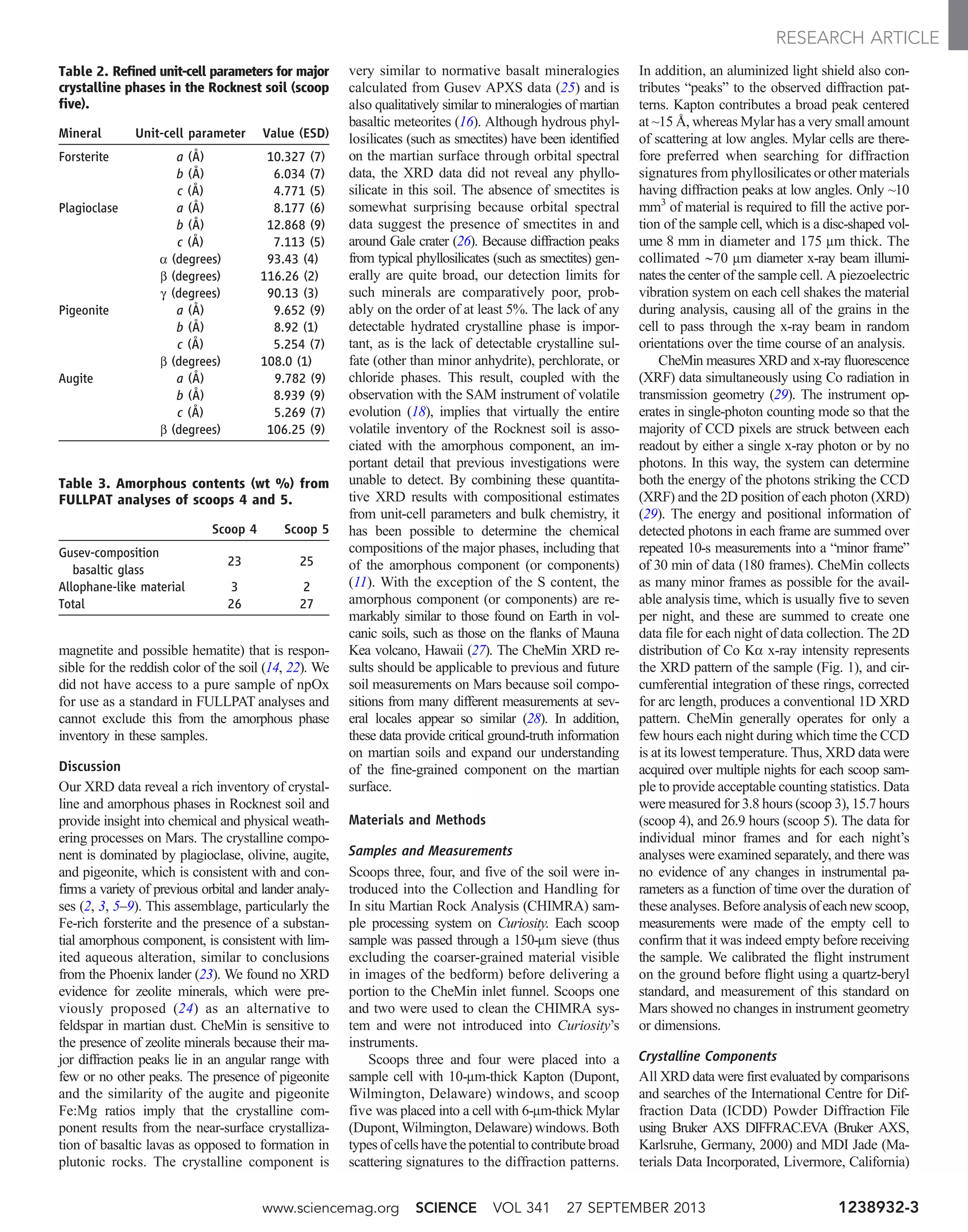 magnetite and possible hematite) that is respon-
sible for the reddish color of the soil (14, 22). We
did not have access to a pure sample of npOx
for use as a standard in FULLPAT analyses and
cannot exclude this from the amorphous phase
inventory in these samples.
Discussion
Our XRD data reveal a rich inventory of crystal-
line and amorphous phases in Rocknest soil and
provide insight into chemical and physical weath-
ering processes on Mars. The crystalline compo-
nent is dominated by plagioclase, olivine, augite,
and pigeonite, which is consistent with and con-
firms a variety of previous orbital and lander analy-
ses (2, 3, 5–9). This assemblage, particularly the
Fe-rich forsterite and the presence of a substan-
tial amorphous component, is consistent with lim-
ited aqueous alteration, similar to conclusions
from the Phoenix lander (23). We found no XRD
evidence for zeolite minerals, which were pre-
viously proposed (24) as an alternative to
feldspar in martian dust. CheMin is sensitive to
the presence of zeolite minerals because their ma-
jor diffraction peaks lie in an angular range with
few or no other peaks. The presence of pigeonite
and the similarity of the augite and pigeonite
Fe:Mg ratios imply that the crystalline com-
ponent results from the near-surface crystalliza-
tion of basaltic lavas as opposed to formation in
plutonic rocks. The crystalline component is
very similar to normative basalt mineralogies
calculated from Gusev APXS data (25) and is
also qualitatively similar to mineralogies of martian
basaltic meteorites (16). Although hydrous phyl-
losilicates (such as smectites) have been identified
on the martian surface through orbital spectral
data, the XRD data did not reveal any phyllo-
silicate in this soil. The absence of smectites is
somewhat surprising because orbital spectral
data suggest the presence of smectites in and
around Gale crater (26). Because diffraction peaks
from typical phyllosilicates (such as smectites) gen-
erally are quite broad, our detection limits for
such minerals are comparatively poor, prob-
ably on the order of at least 5%. The lack of any
detectable hydrated crystalline phase is impor-
tant, as is the lack of detectable crystalline sul-
fate (other than minor anhydrite), perchlorate, or
chloride phases. This result, coupled with the
observation with the SAM instrument of volatile
evolution (18), implies that virtually the entire
volatile inventory of the Rocknest soil is asso-
ciated with the amorphous component, an im-
portant detail that previous investigations were
unable to detect. By combining these quantita-
tive XRD results with compositional estimates
from unit-cell parameters and bulk chemistry, it
has been possible to determine the chemical
compositions of the major phases, including that
of the amorphous component (or components)
(11). With the exception of the S content, the
amorphous component (or components) are re-
markably similar to those found on Earth in vol-
canic soils, such as those on the flanks of Mauna
Kea volcano, Hawaii (27). The CheMin XRD re-
sults should be applicable to previous and future
soil measurements on Mars because soil compo-
sitions from many different measurements at sev-
eral locales appear so similar (28). In addition,
these data provide critical ground-truth information
on martian soils and expand our understanding
of the fine-grained component on the martian
surface.
Materials and Methods
Samples and Measurements
Scoops three, four, and five of the soil were in-
troduced into the Collection and Handling for
In situ Martian Rock Analysis (CHIMRA) sam-
ple processing system on Curiosity. Each scoop
sample was passed through a 150-mm sieve (thus
excluding the coarser-grained material visible
in images of the bedform) before delivering a
portion to the CheMin inlet funnel. Scoops one
and two were used to clean the CHIMRA sys-
tem and were not introduced into Curiosity’s
instruments.
Scoops three and four were placed into a
sample cell with 10-mm-thick Kapton (Dupont,
Wilmington, Delaware) windows, and scoop
five was placed into a cell with 6-mm-thick Mylar
(Dupont, Wilmington, Delaware) windows. Both
types of cells have the potential to contribute broad
scattering signatures to the diffraction patterns.
In addition, an aluminized light shield also con-
tributes “peaks” to the observed diffraction pat-
terns. Kapton contributes a broad peak centered
at ~15 Å, whereas Mylar has a very small amount
of scattering at low angles. Mylar cells are there-
fore preferred when searching for diffraction
signatures from phyllosilicates or other materials
having diffraction peaks at low angles. Only ~10
mm3
of material is required to fill the active por-
tion of the sample cell, which is a disc-shaped vol-
ume 8 mm in diameter and 175 mm thick. The
collimated ∼70 mm diameter x-ray beam illumi-
nates the center of the sample cell. A piezoelectric
vibration system on each cell shakes the material
during analysis, causing all of the grains in the
cell to pass through the x-ray beam in random
orientations over the time course of an analysis.
CheMin measures XRD and x-ray fluorescence
(XRF) data simultaneously using Co radiation in
transmission geometry (29). The instrument op-
erates in single-photon counting mode so that the
majority of CCD pixels are struck between each
readout by either a single x-ray photon or by no
photons. In this way, the system can determine
both the energy of the photons striking the CCD
(XRF) and the 2D position of each photon (XRD)
(29). The energy and positional information of
detected photons in each frame are summed over
repeated 10-s measurements into a “minor frame”
of 30 min of data (180 frames). CheMin collects
as many minor frames as possible for the avail-
able analysis time, which is usually five to seven
per night, and these are summed to create one
data file for each night of data collection. The 2D
distribution of Co Ka x-ray intensity represents
the XRD pattern of the sample (Fig. 1), and cir-
cumferential integration of these rings, corrected
for arc length, produces a conventional 1D XRD
pattern. CheMin generally operates for only a
few hours each night during which time the CCD
is at its lowest temperature. Thus, XRD data were
acquired over multiple nights for each scoop sam-
ple to provide acceptable counting statistics. Data
were measured for 3.8 hours (scoop 3), 15.7 hours
(scoop 4), and 26.9 hours (scoop 5). The data for
individual minor frames and for each night’s
analyses were examined separately, and there was
no evidence of any changes in instrumental pa-
rameters as a function of time over the duration of
these analyses. Before analysis of each newscoop,
measurements were made of the empty cell to
confirm that it was indeed empty before receiving
the sample. We calibrated the flight instrument
on the ground before flight using a quartz-beryl
standard, and measurement of this standard on
Mars showed no changes in instrument geometry
or dimensions.
Crystalline Components
All XRD data were first evaluated by comparisons
and searches of the International Centre for Dif-
fraction Data (ICDD) Powder Diffraction File
using Bruker AXS DIFFRAC.EVA (Bruker AXS,
Karlsruhe, Germany, 2000) and MDI Jade (Ma-
terials Data Incorporated, Livermore, California)
Table 2. Refined unit-cell parameters for major
crystalline phases in the Rocknest soil (scoop
five).
Mineral Unit-cell parameter Value (ESD)
Forsterite a (Å) 10.327 (7)
b (Å) 6.034 (7)
c (Å) 4.771 (5)
Plagioclase a (Å) 8.177 (6)
b (Å) 12.868 (9)
c (Å) 7.113 (5)
a (degrees) 93.43 (4)
b (degrees) 116.26 (2)
g (degrees) 90.13 (3)
Pigeonite a (Å) 9.652 (9)
b (Å) 8.92 (1)
c (Å) 5.254 (7)
b (degrees) 108.0 (1)
Augite a (Å) 9.782 (9)
b (Å) 8.939 (9)
c (Å) 5.269 (7)
b (degrees) 106.25 (9)
Table 3. Amorphous contents (wt %) from
FULLPAT analyses of scoops 4 and 5.
Scoop 4 Scoop 5
Gusev-composition
basaltic glass
23 25
Allophane-like material 3 2
Total 26 27
www.sciencemag.org SCIENCE VOL 341 27 SEPTEMBER 2013 1238932-3
RESEARCH ARTICLE
 