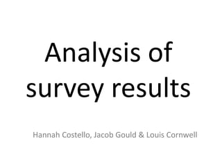 Analysis of
survey results
Hannah Costello, Jacob Gould & Louis Cornwell
 