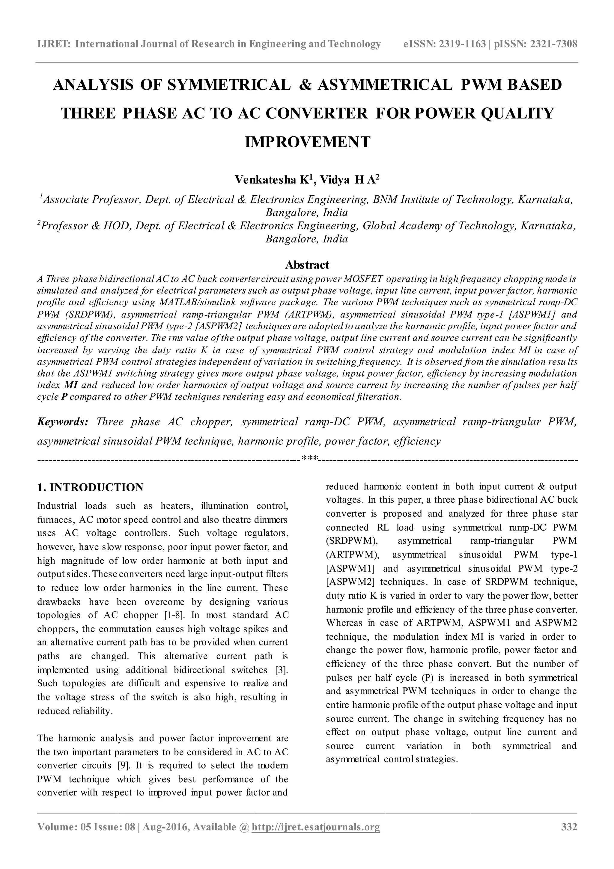 Analysis of symmetrical & asymmetrical pwm based three phase ac to ac ...