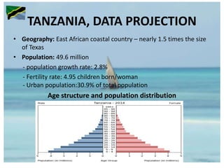 TANZANIA, DATA PROJECTION
• Geography: East African coastal country – nearly 1.5 times the size
of Texas
• Population: 49.6 million
- population growth rate: 2.8%
- Fertility rate: 4.95 children born/woman
- Urban population:30.9% of total population
Age structure and population distribution
 