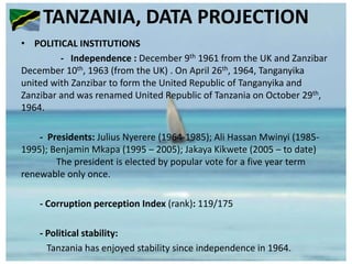 TANZANIA, DATA PROJECTION
• POLITICAL INSTITUTIONS
- Independence : December 9th 1961 from the UK and Zanzibar
December 10th, 1963 (from the UK) . On April 26th, 1964, Tanganyika
united with Zanzibar to form the United Republic of Tanganyika and
Zanzibar and was renamed United Republic of Tanzania on October 29th,
1964.
- Presidents: Julius Nyerere (1964-1985); Ali Hassan Mwinyi (1985-
1995); Benjamin Mkapa (1995 – 2005); Jakaya Kikwete (2005 – to date)
The president is elected by popular vote for a five year term
renewable only once.
- Corruption perception Index (rank): 119/175
- Political stability:
Tanzania has enjoyed stability since independence in 1964.
 